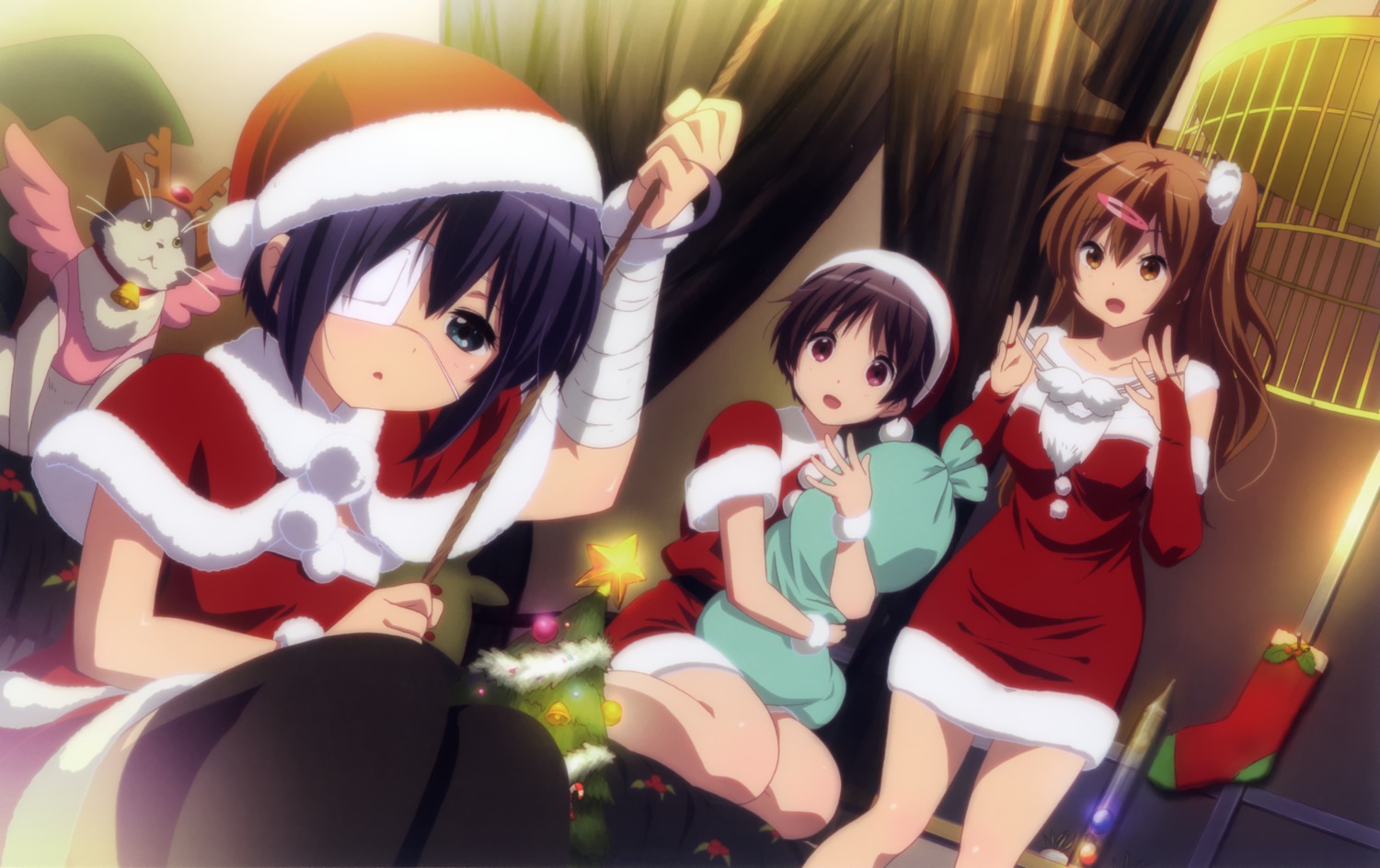 christmas chuunibyou_demo_koi_ga_shitai! eyepatch ikeda_kazumi neko nibutani_shinka takanashi_rikka thighhighs tsuyuri_kumin