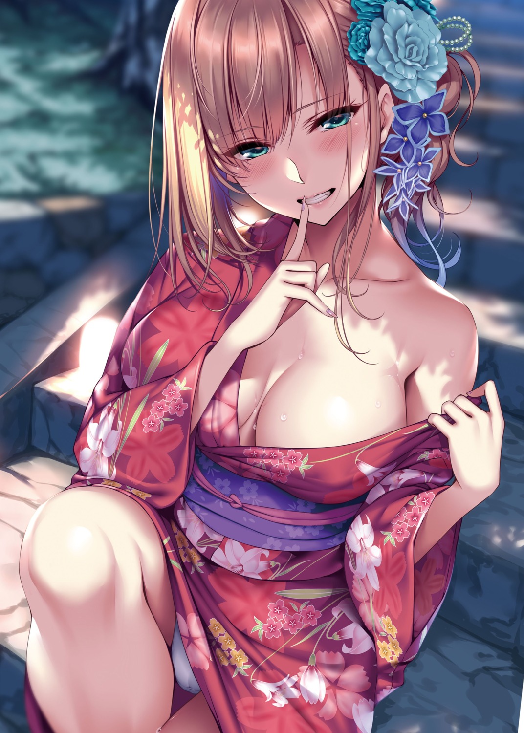 cameltoe cleavage no_bra open_shirt pantsu piromizu undressing wet yukata