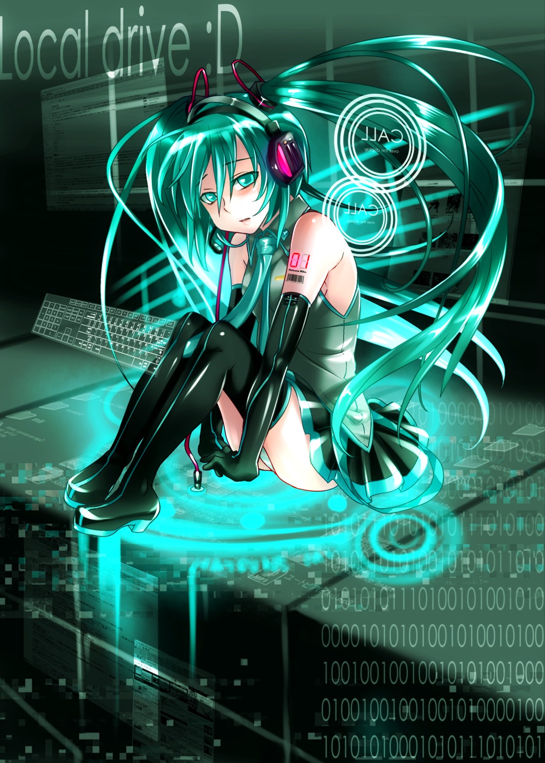 caffein hatsune_miku headphones pantsu shimapan thighhighs vocaloid