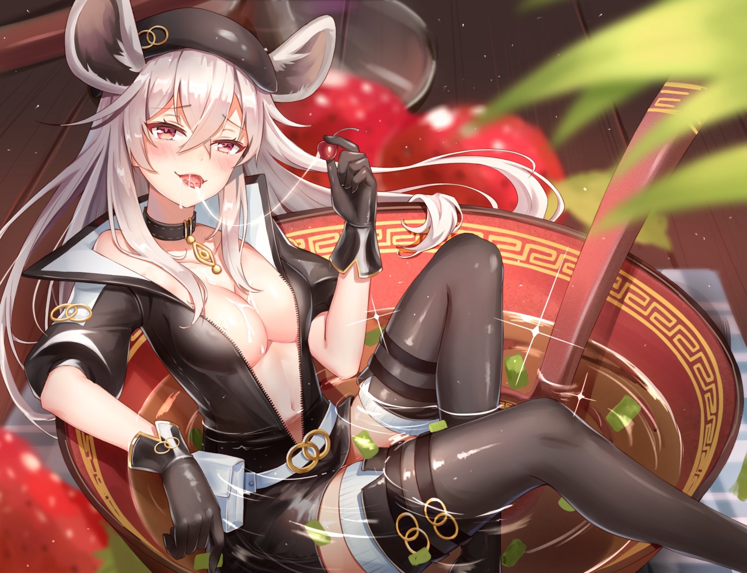 animal_ears arpiel dress nipple_slip no_bra open_shirt thighhighs wet yuhuan