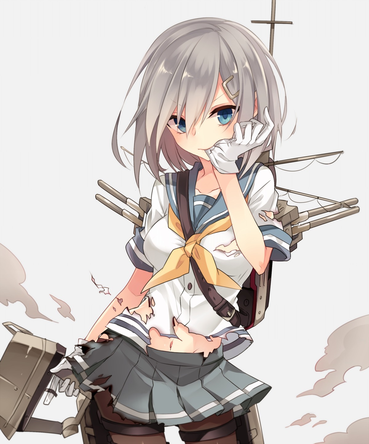 garter hamakaze_(kancolle) kantai_collection kureno622 pantyhose seifuku torn_clothes weapon