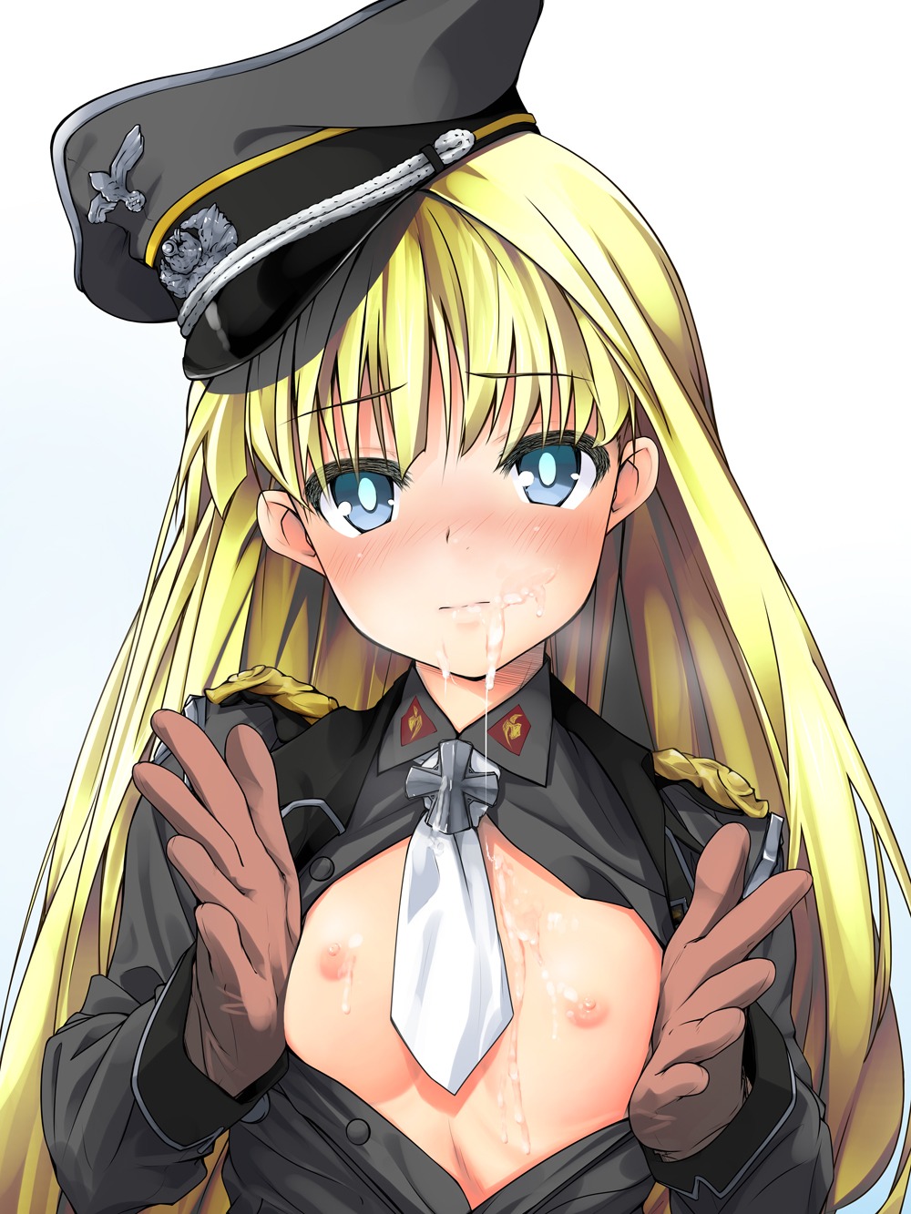 breast_hold breasts cum daiteikoku iwasaki_takashi loli nipples no_bra open_shirt retia_adolf uniform