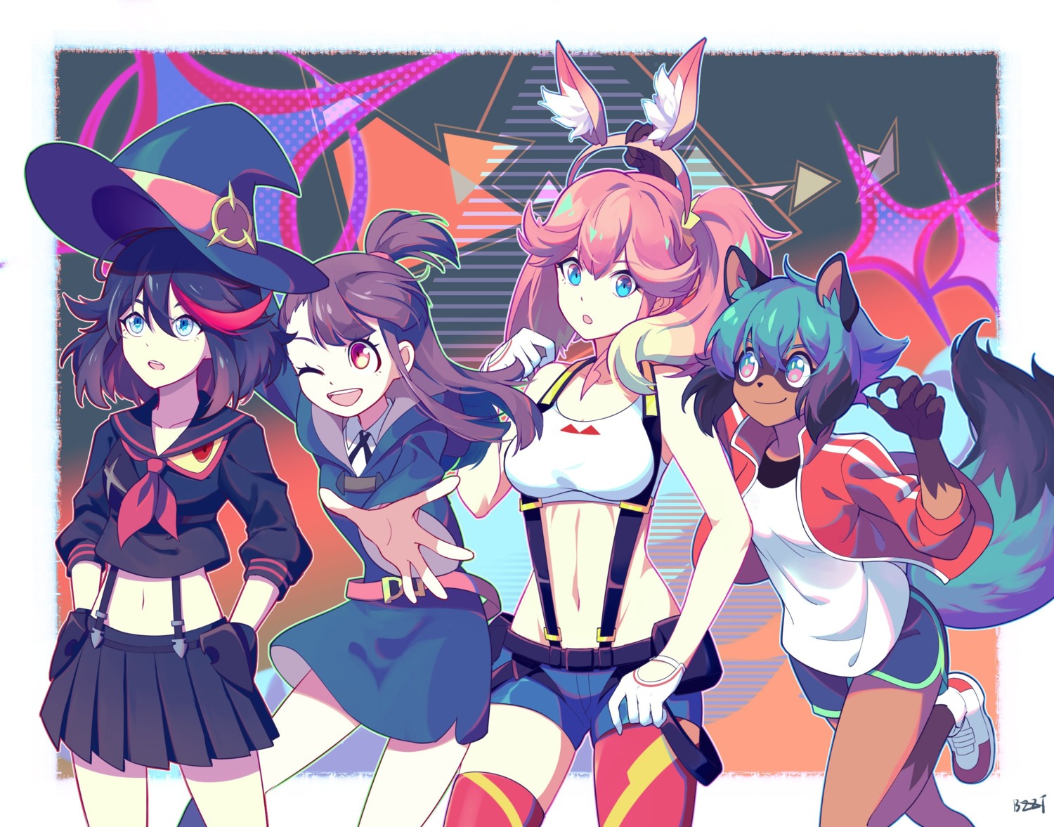 aina_ardebit animal_ears atsuko_kagari brand_new_animal bunny_ears bzzt_gxtll crossover gym_uniform kagemori_michiru kill_la_kill little_witch_academia matoi_ryuuko monster_girl promare seifuku senketsu tail thighhighs witch