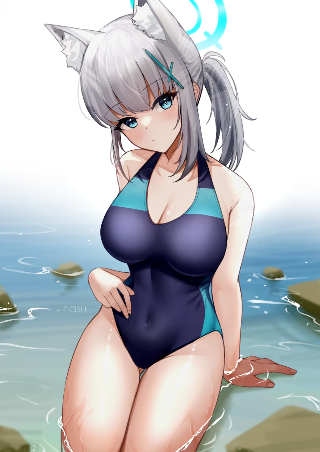 animal_ears blue_archive cleavage halo nassss nekomimi sunaookami_shiroko swimsuits wet