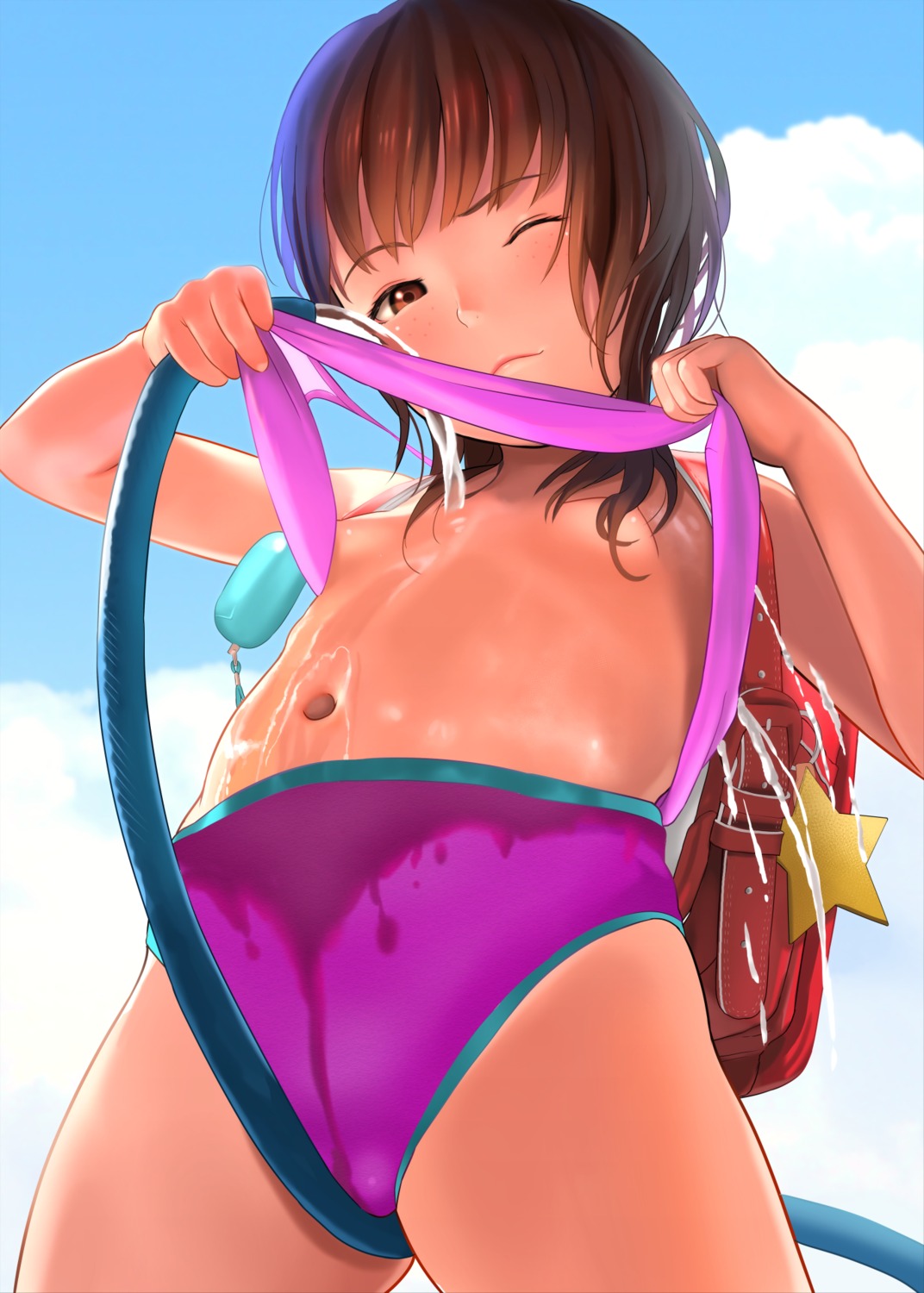 areola breasts inashishi lingerie loli no_bra pantsu shirt_lift undressing wet wet_clothes