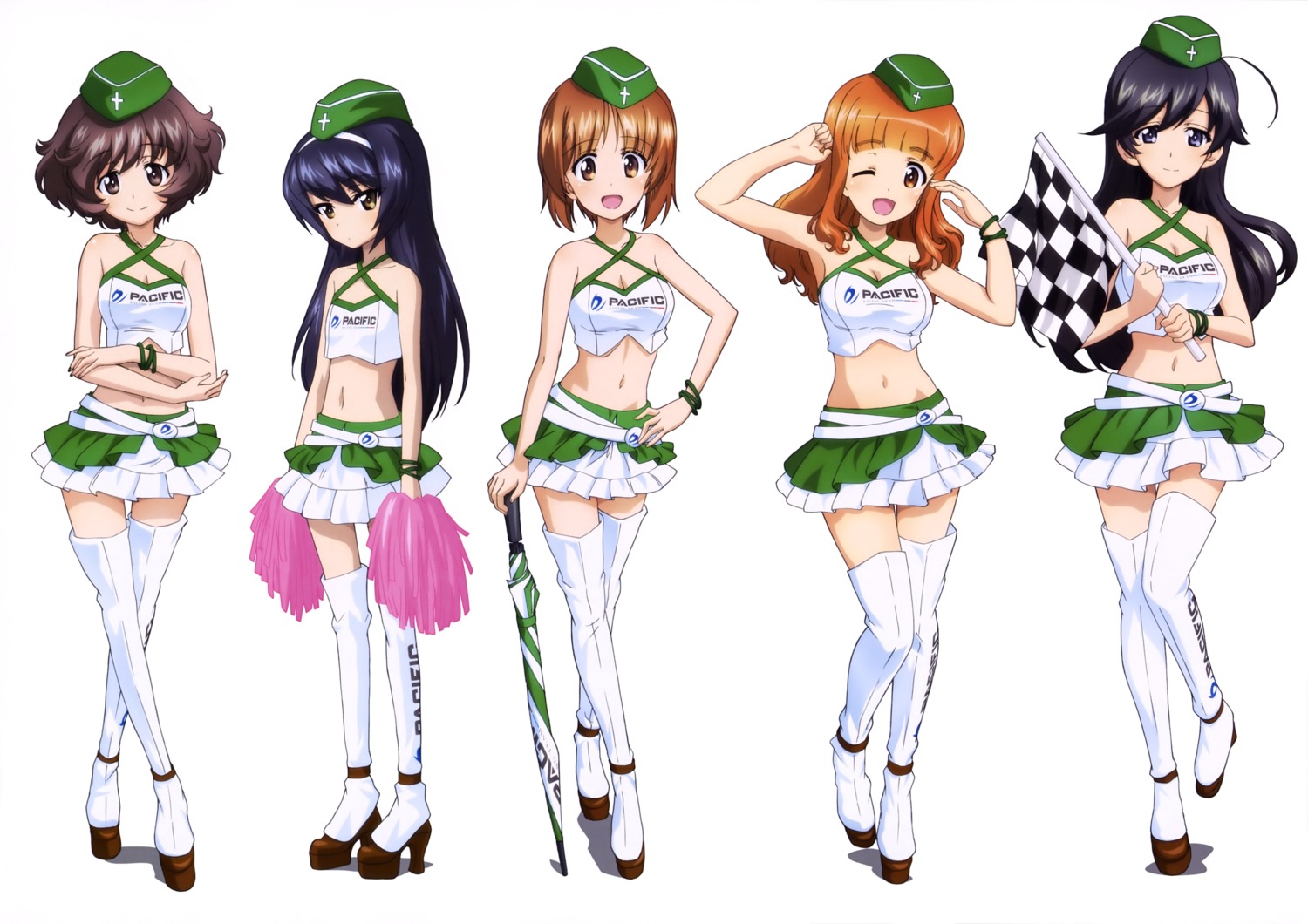 akiyama_yukari cheerleader cleavage girls_und_panzer heels isuzu_hana nishizumi_miho reizei_mako takebe_saori thighhighs umbrella