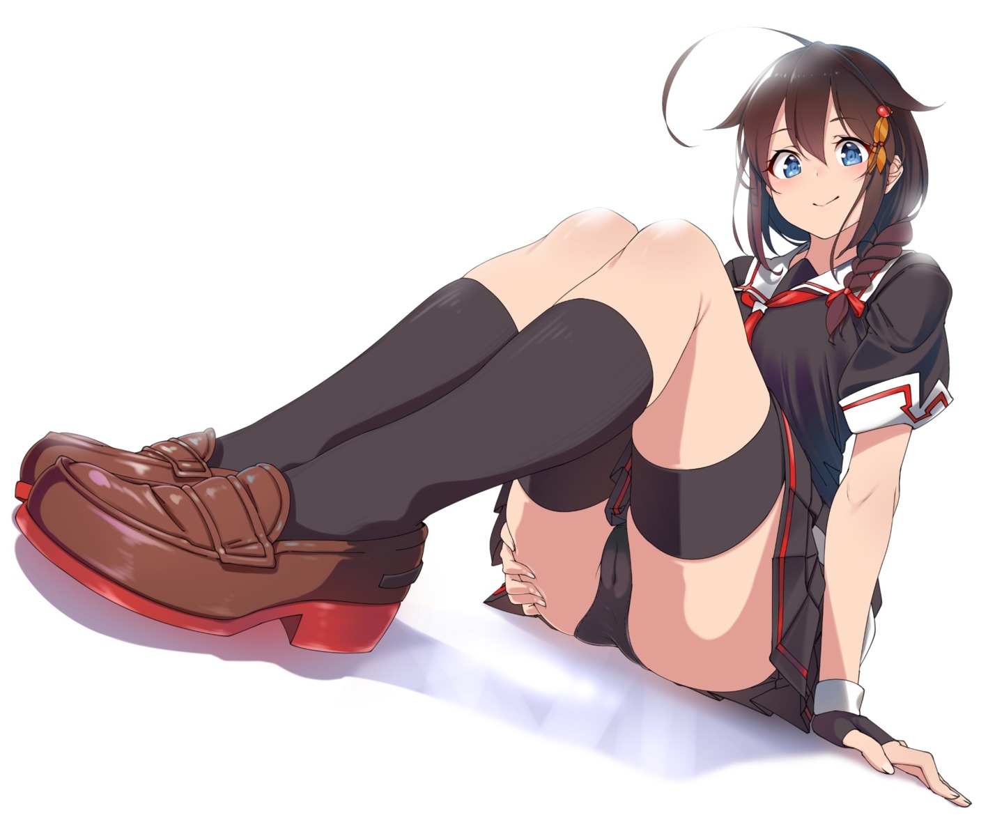 cameltoe garter kantai_collection pantsu seifuku shigure_(kancolle) shinomu_(cinomoon) skirt_lift