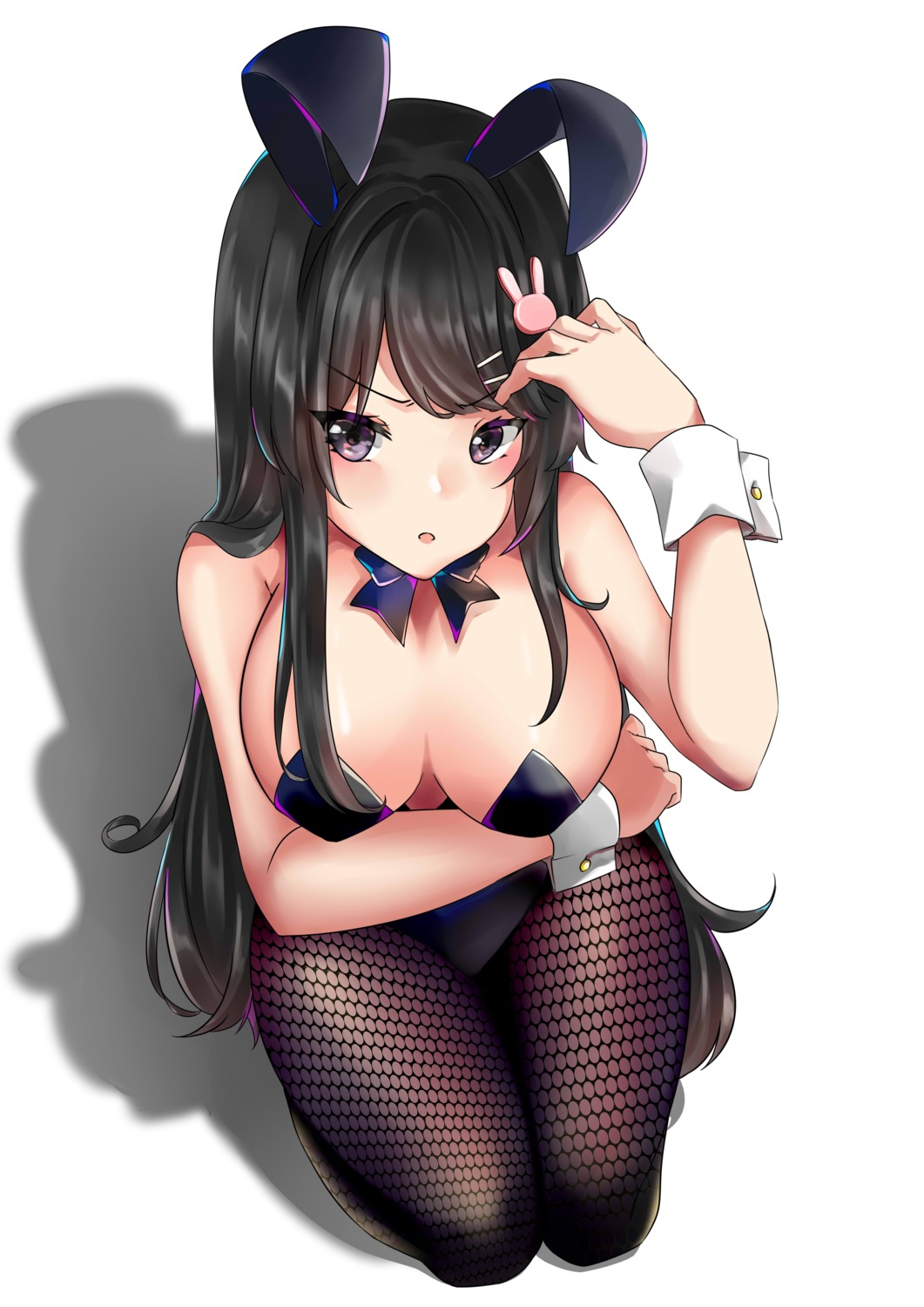 animal_ears beijixiong breast_hold bunny_ears bunny_girl cleavage fishnets no_bra pantyhose sakurajima_mai seishun_buta_yarou