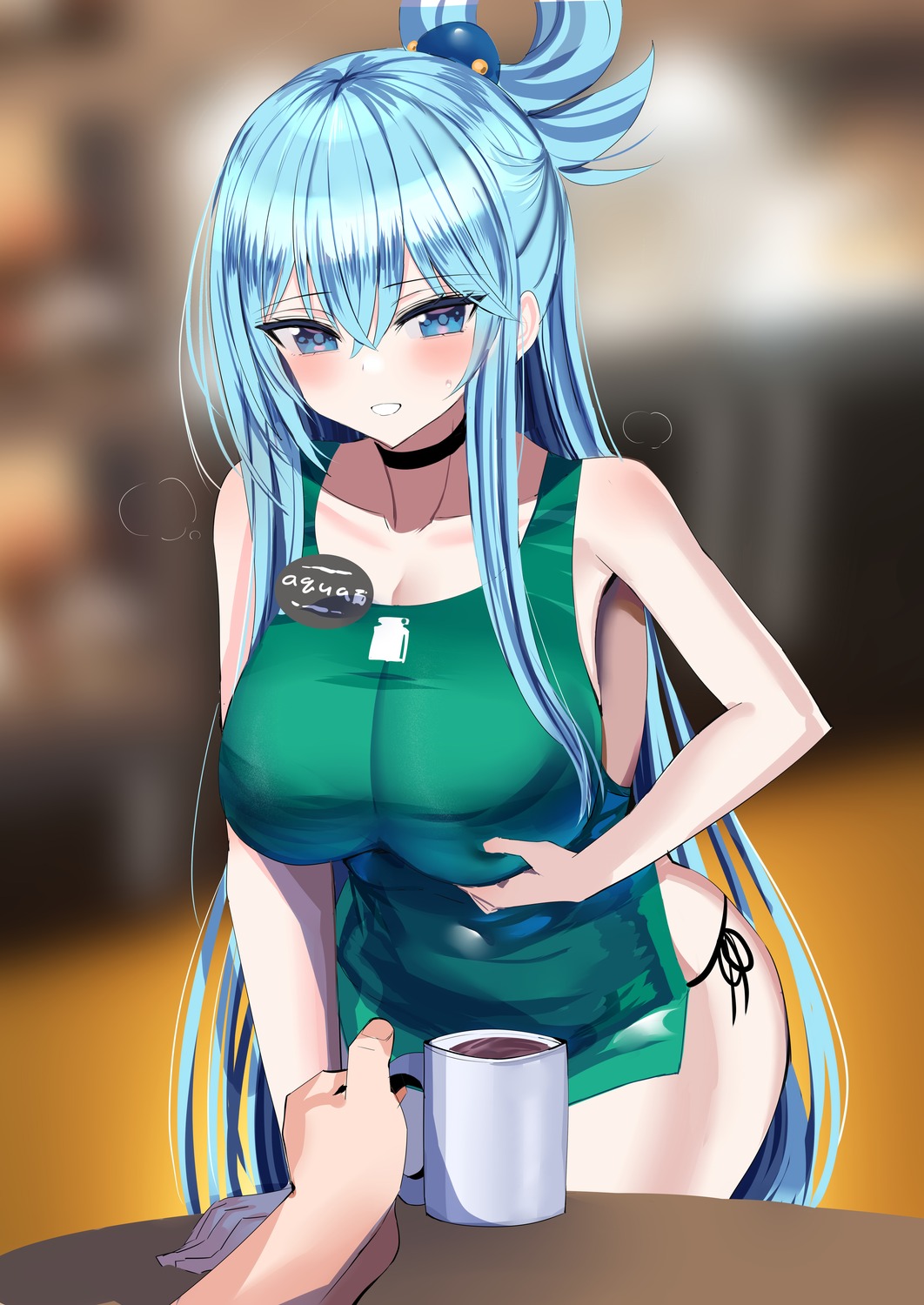 aqua_(konosuba) breast_hold hanasaka_houcha kono_subarashii_sekai_ni_shukufuku_wo! naked_apron