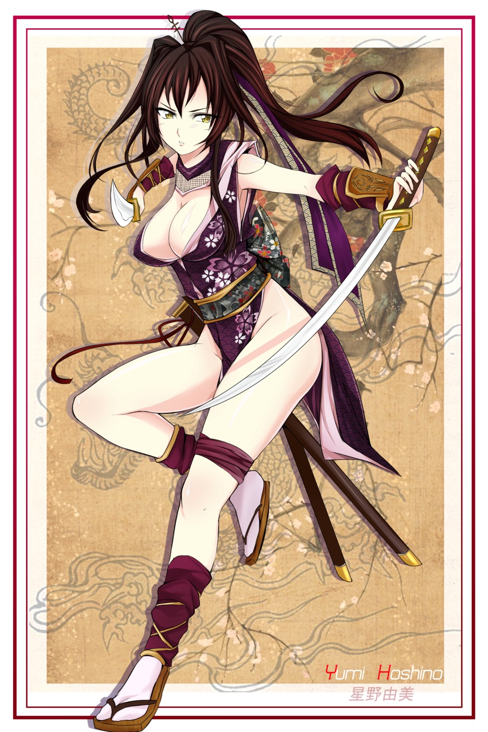 armor cleavage erect_nipples garter ninja no_bra nopan open_shirt sword ugly_ink