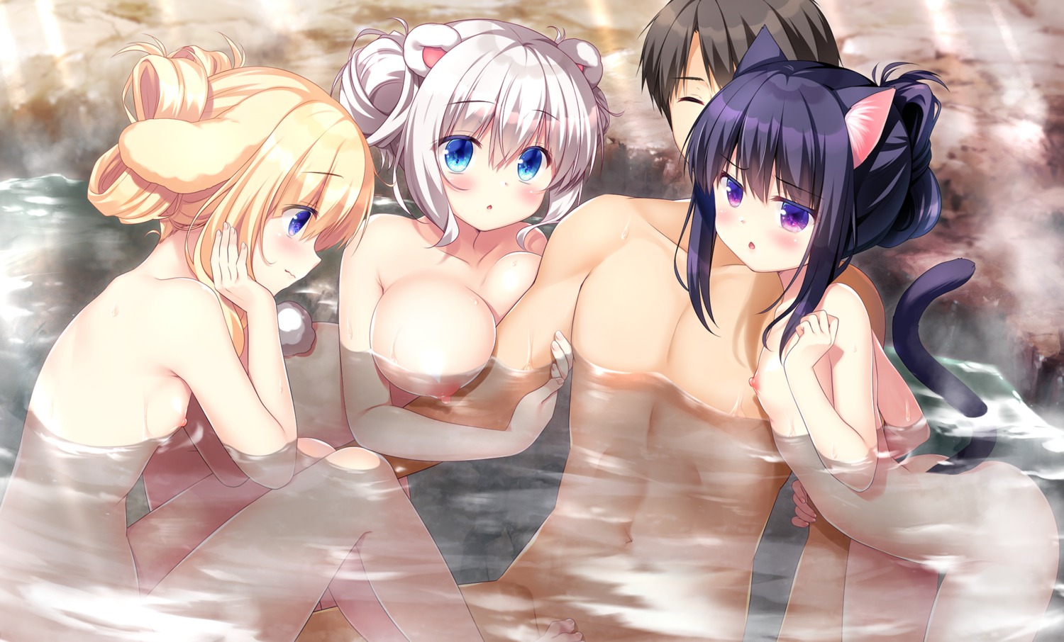 animal_ears bunny_ears game_cg island_diary kuro_(sasai_saji) loli moca_(sasai_saji) momo_(sasai_saji) naked nekomimi nipples onsen sasai_saji tail watakubi