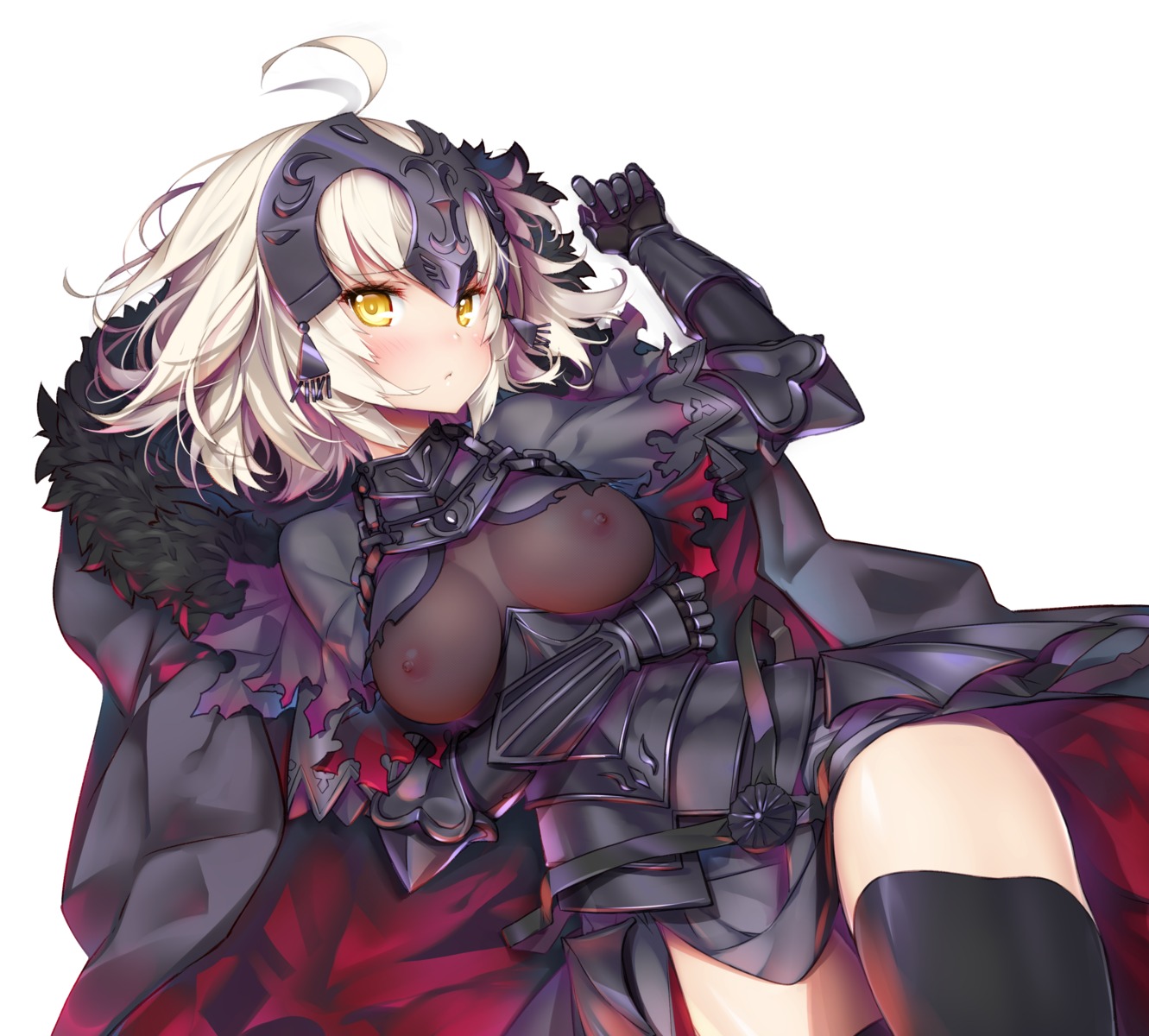 armor fate/grand_order hong_(white_spider) jeanne_d'arc jeanne_d'arc_(alter)_(fate) nipples no_bra see_through skirt_lift thighhighs