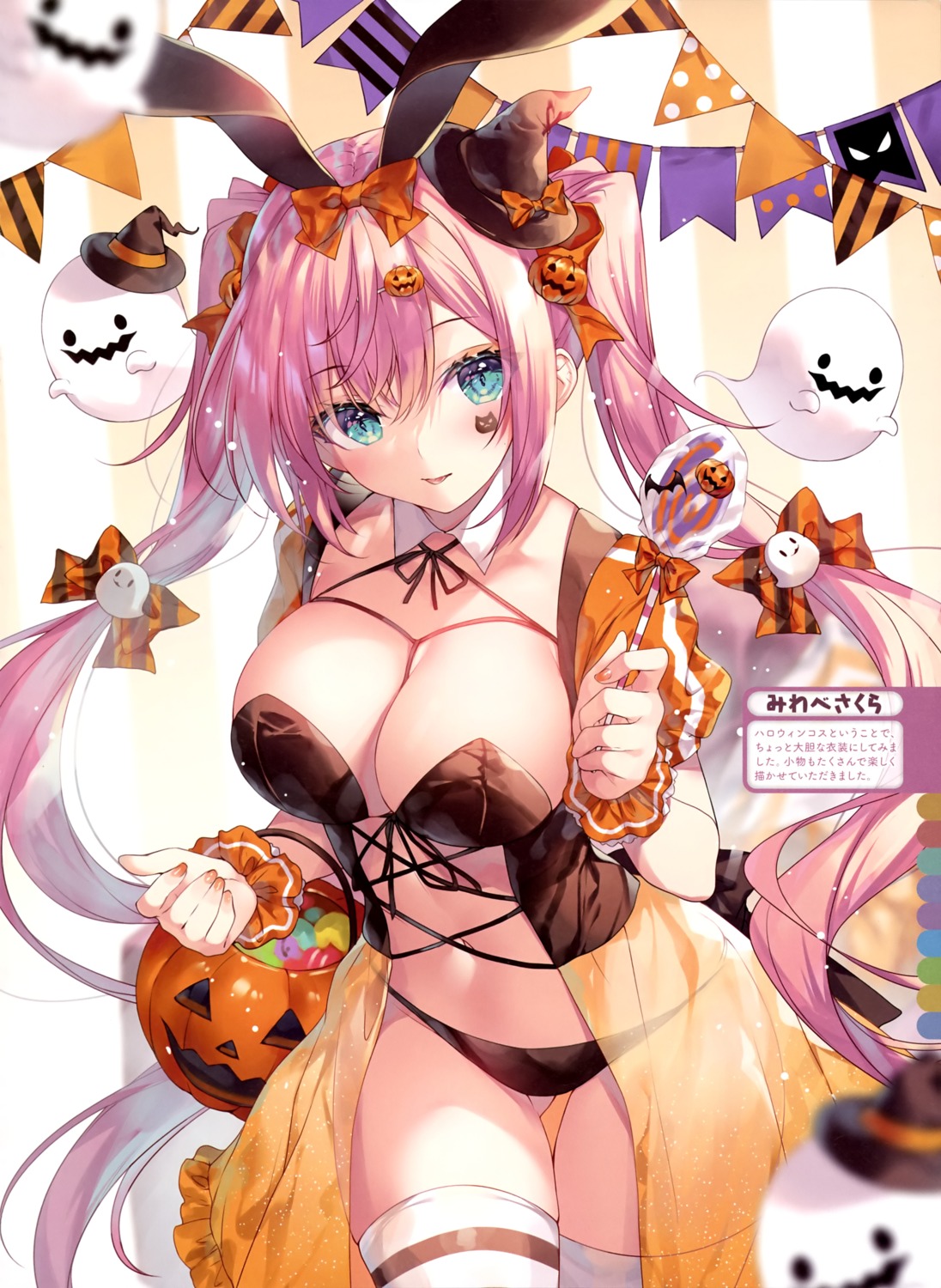 animal_ears bra bunny_ears garter halloween miwabe_sakura pantsu see_through tattoo thighhighs witch