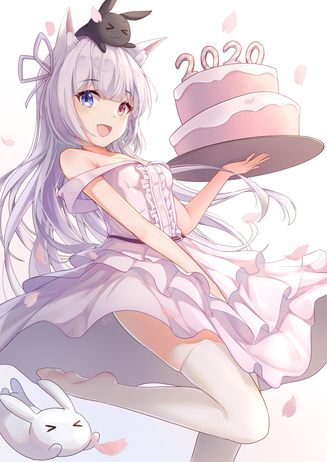 animal_ears dress heterochromia nekomimi no_bra qianze_chia skirt_lift thighhighs