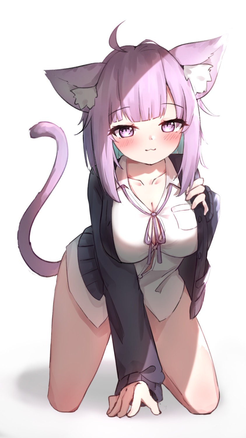 animal_ears cleavage hololive hololive_gamers j_kk nekomata_okayu nekomimi open_shirt sweater tail