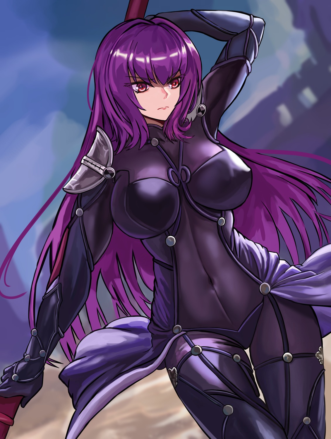 armor bodysuit erect_nipples fate/grand_order loooyd scathach_(fate/grand_order) weapon