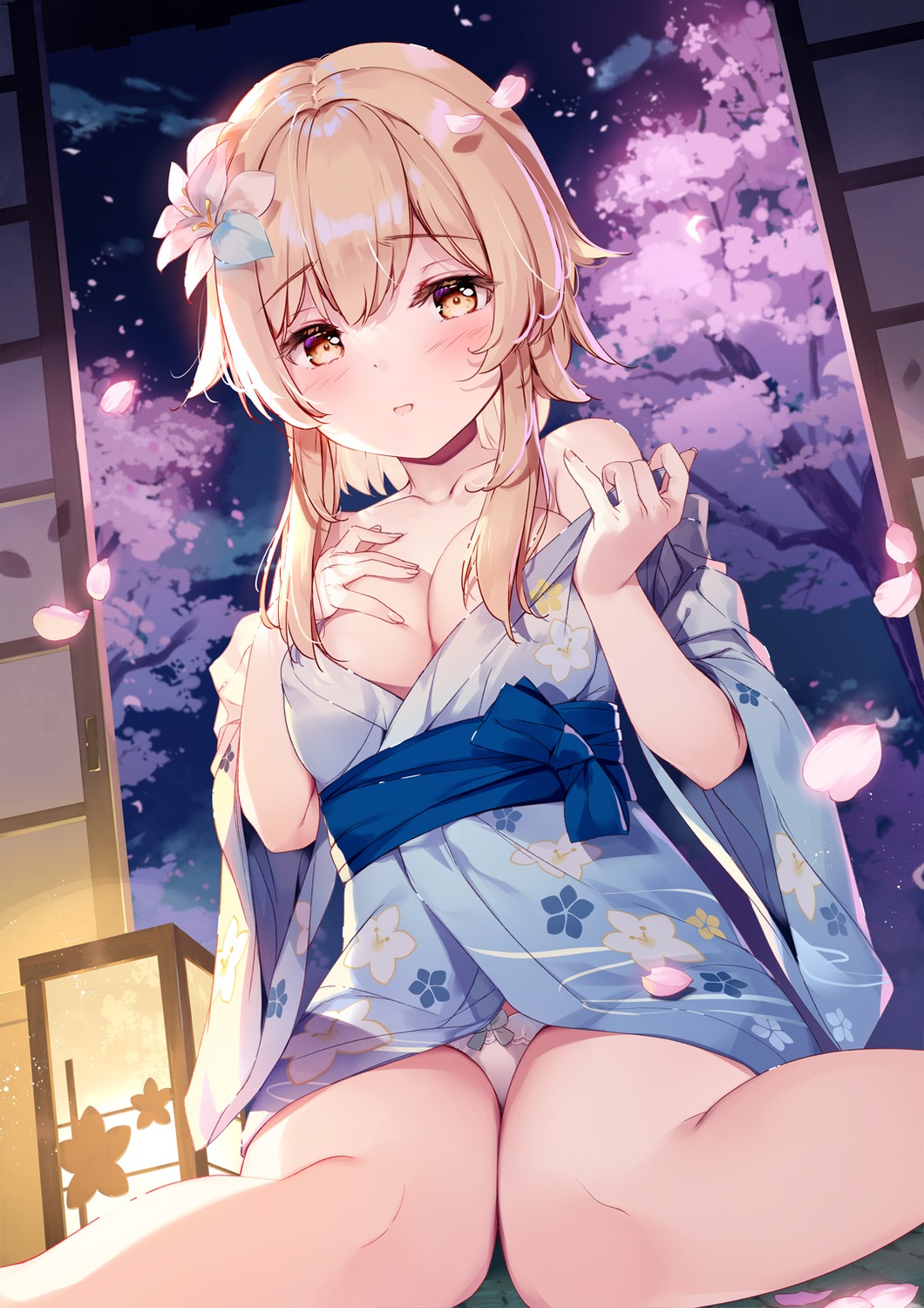 breast_hold genshin_impact lumine miyase_mahiro no_bra open_shirt pantsu undressing yukata