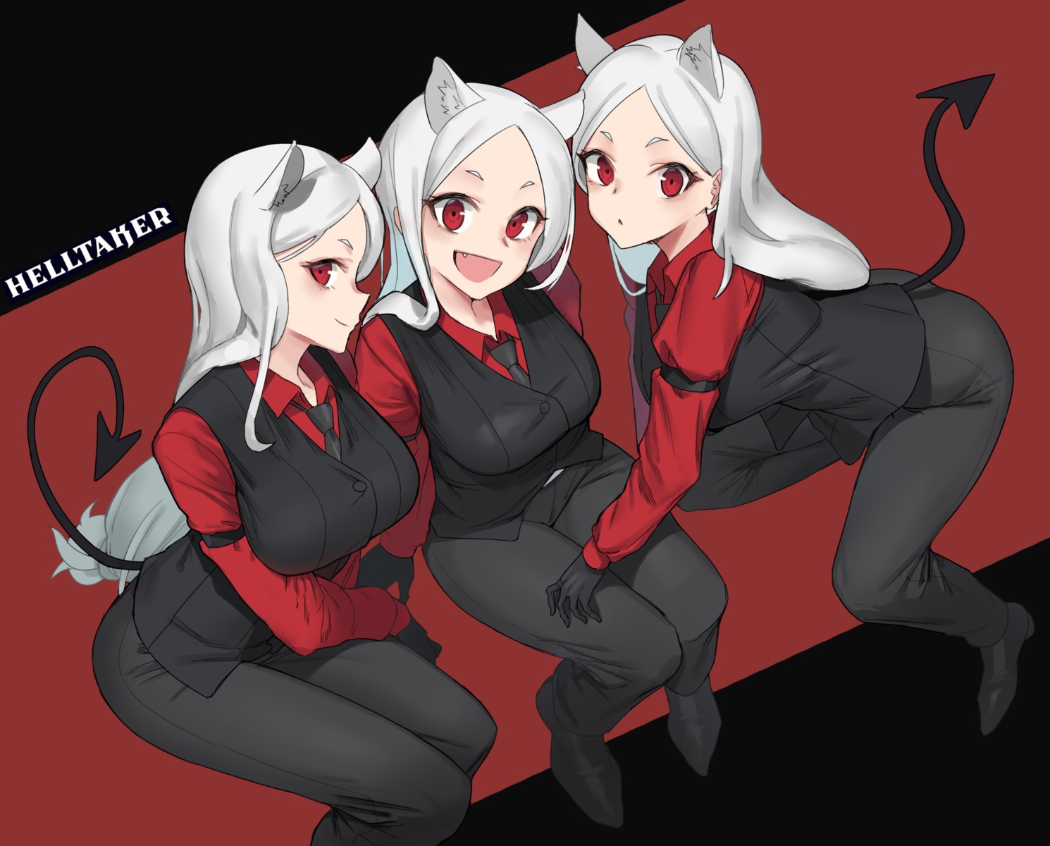 animal_ears cerberus_(helltaker) helltaker tail uniform urrrt