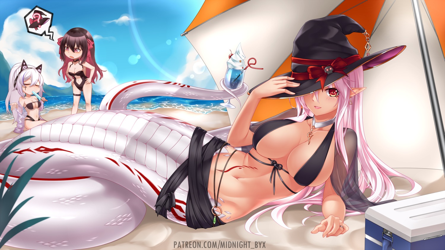 animal_ears bikini cleavage garter headphones midnight monster_girl pointy_ears swimsuits tail witch