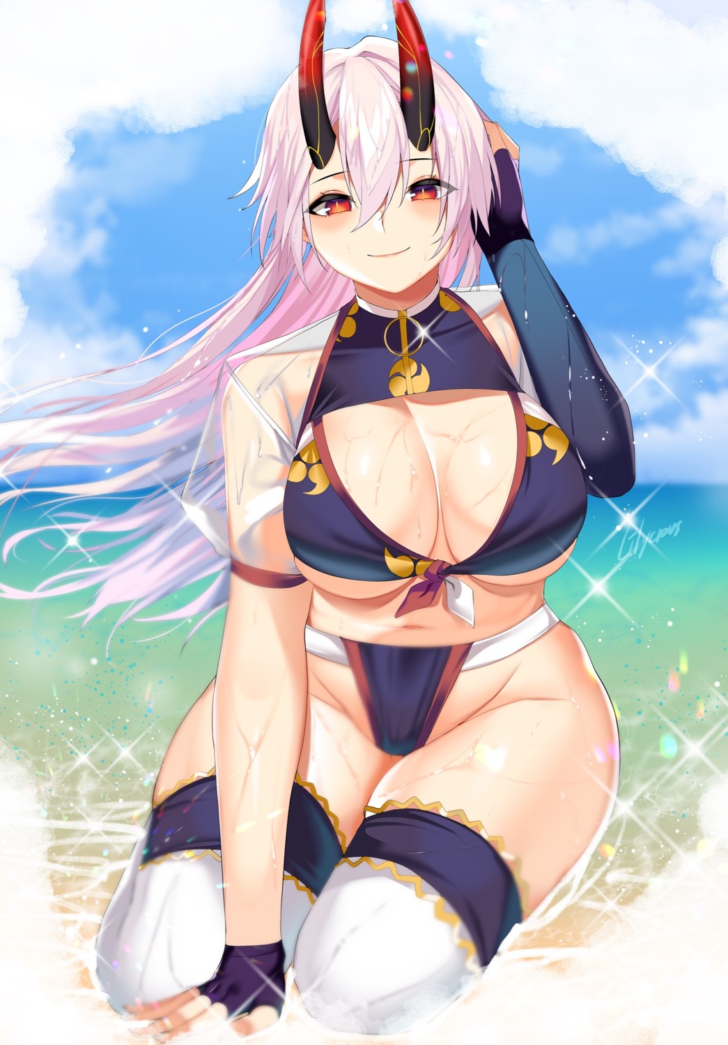 bikini fate/grand_order horns lilycious see_through swimsuits thighhighs tomoe_gozen_(fate/grand_order) wet