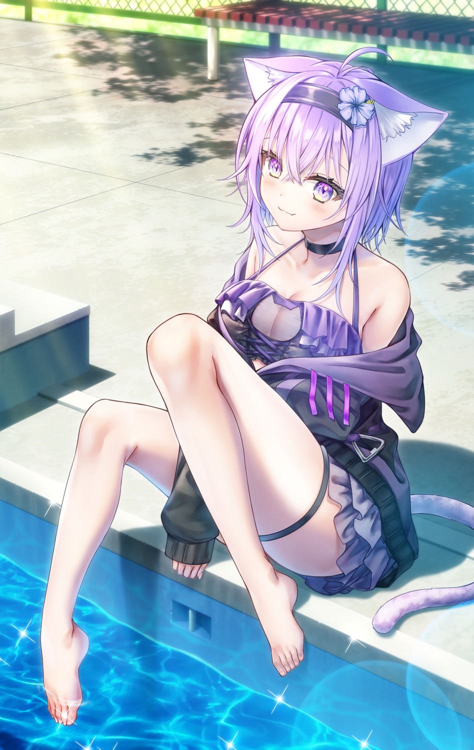 animal_ears bikini cleavage entergram garter hanekoto hololive hololive_gamers nekomata_okayu nekomimi okayunyumu! open_shirt see_through skirt_lift swimsuits tail wet