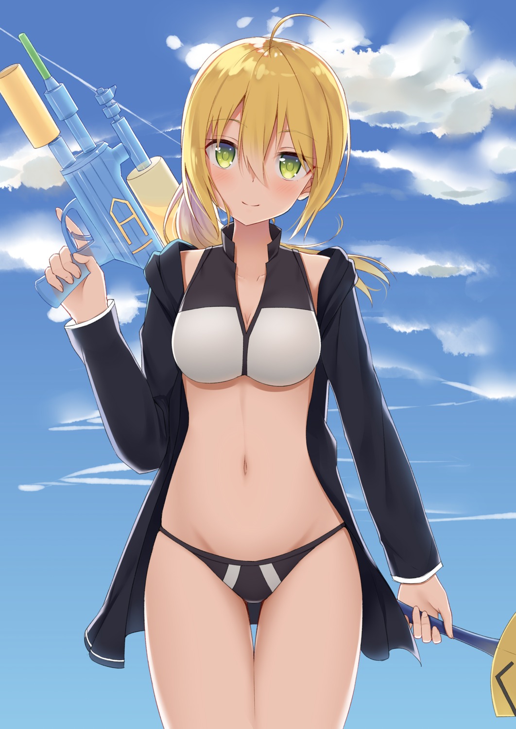 bikini cleavage fate/grand_order gun open_shirt saber swimsuits sword yukarite