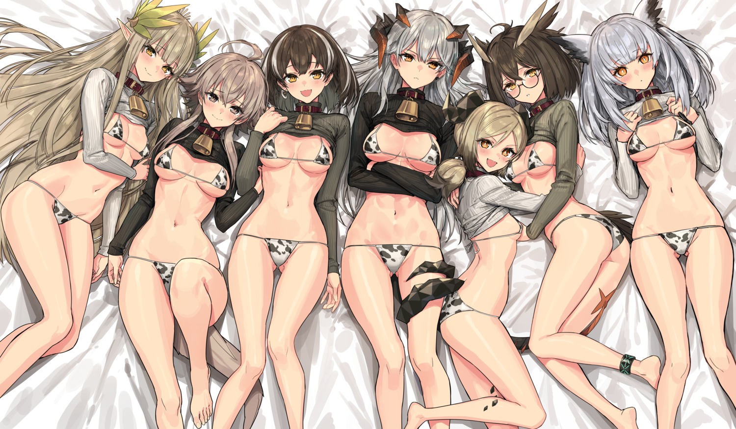 animal_ears arknights ass bikini horns ifrit_(arknights) magallan_(arknights) mayer_(arknights) megane muelsyse_(arknights) pointy_ears ptilopsis_(arknights) saria_(arknights) shirt_lift sigma99 silent_(arknights) sweater swimsuits tail
