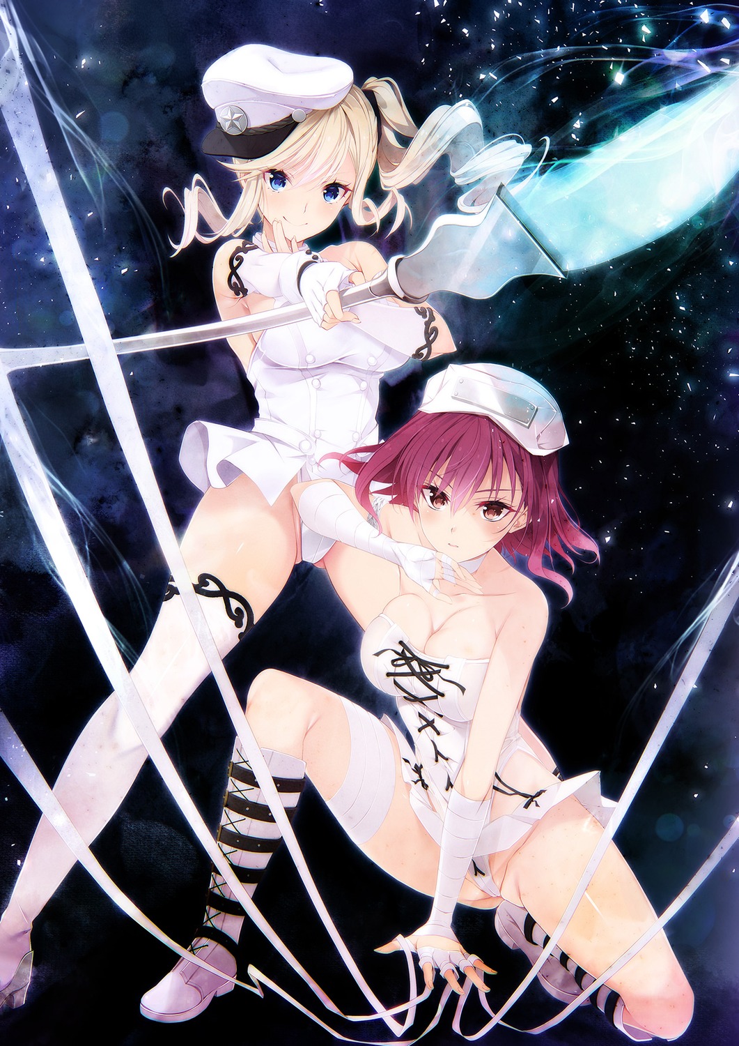 akatsuki_hijiri bandages guilty_nightmare_project leotard no_bra noba skirt_lift thighhighs weapon