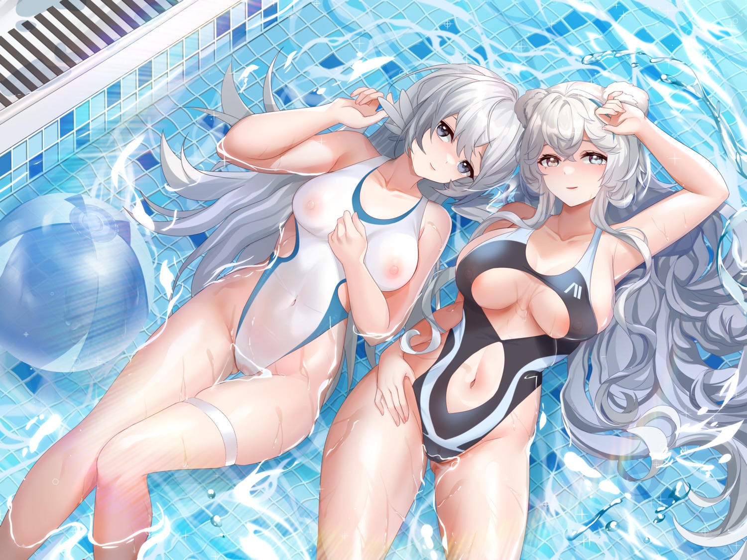 arknights cameltoe garter lingshalan mulberry_(arknights) nipples rosa_(arknights) see_through swimsuits wet