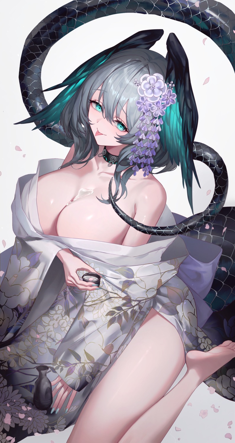 akqne arknights ho'olheyak kimono no_bra open_shirt tail wings