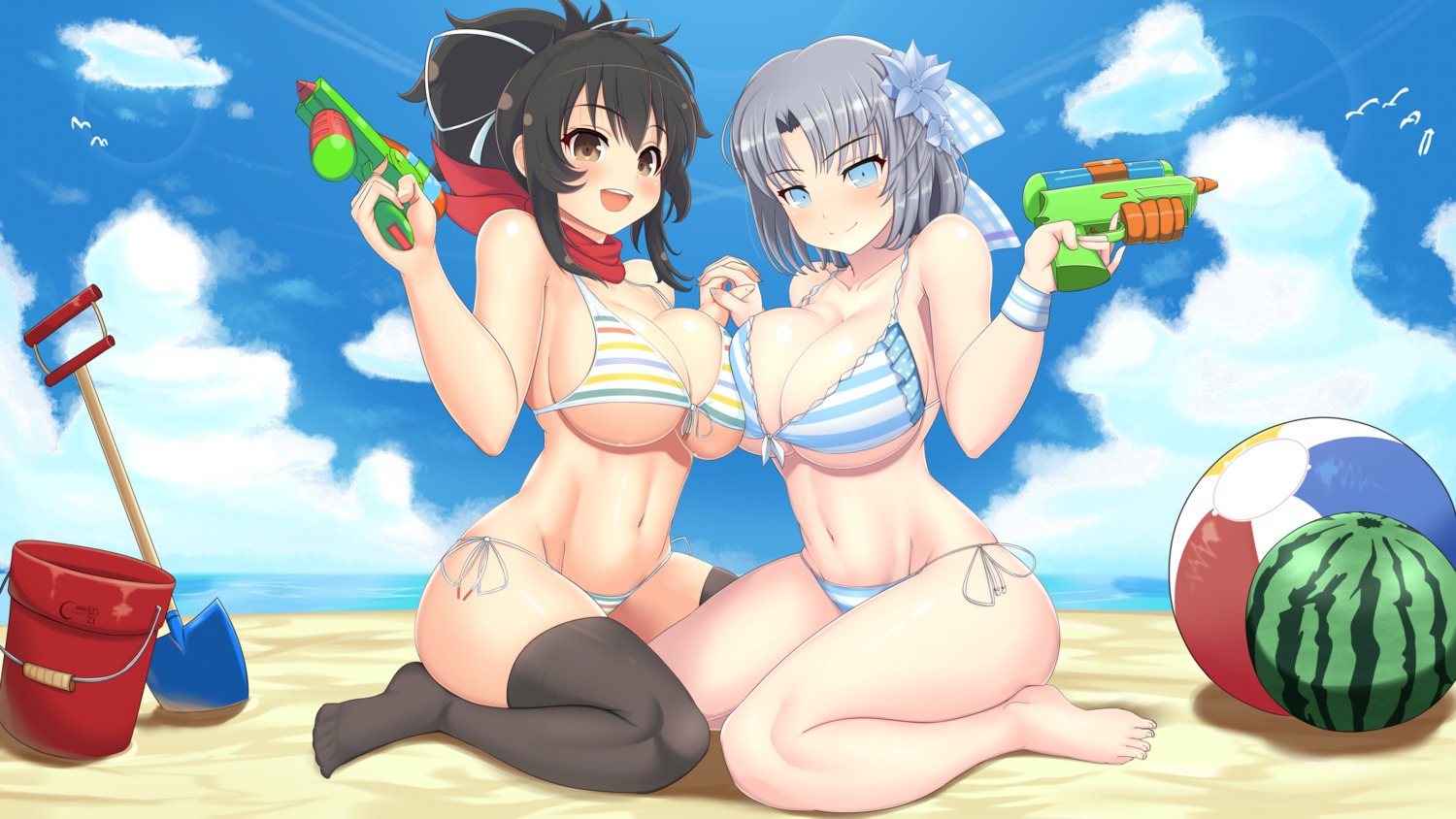 asuka_(senran_kagura) bikini castell gun senran_kagura swimsuits thighhighs yumi_(senran_kagura)