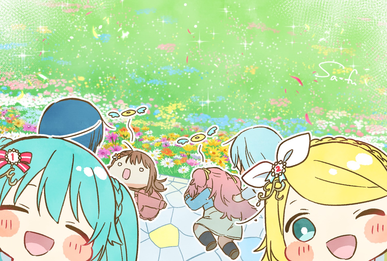 chibi hanasato_minori hatsune_miku hinomori_shizuku kagamine_rin kiritani_haruka momoi_airi project_sekai sa-fu sweater vocaloid