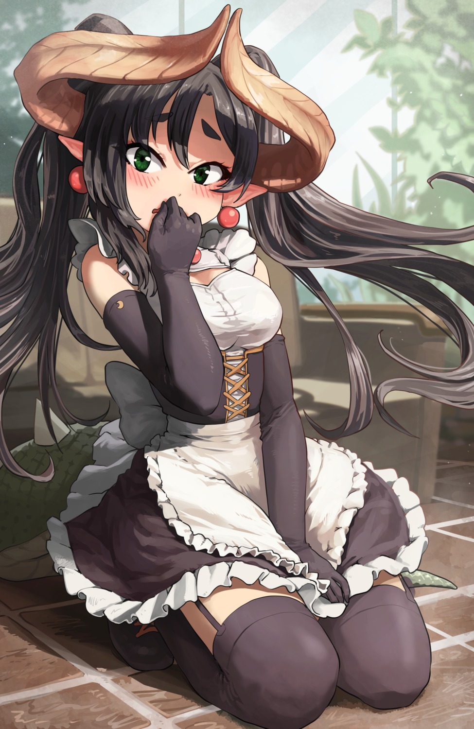 horns maid melaton pointy_ears stockings tail thighhighs