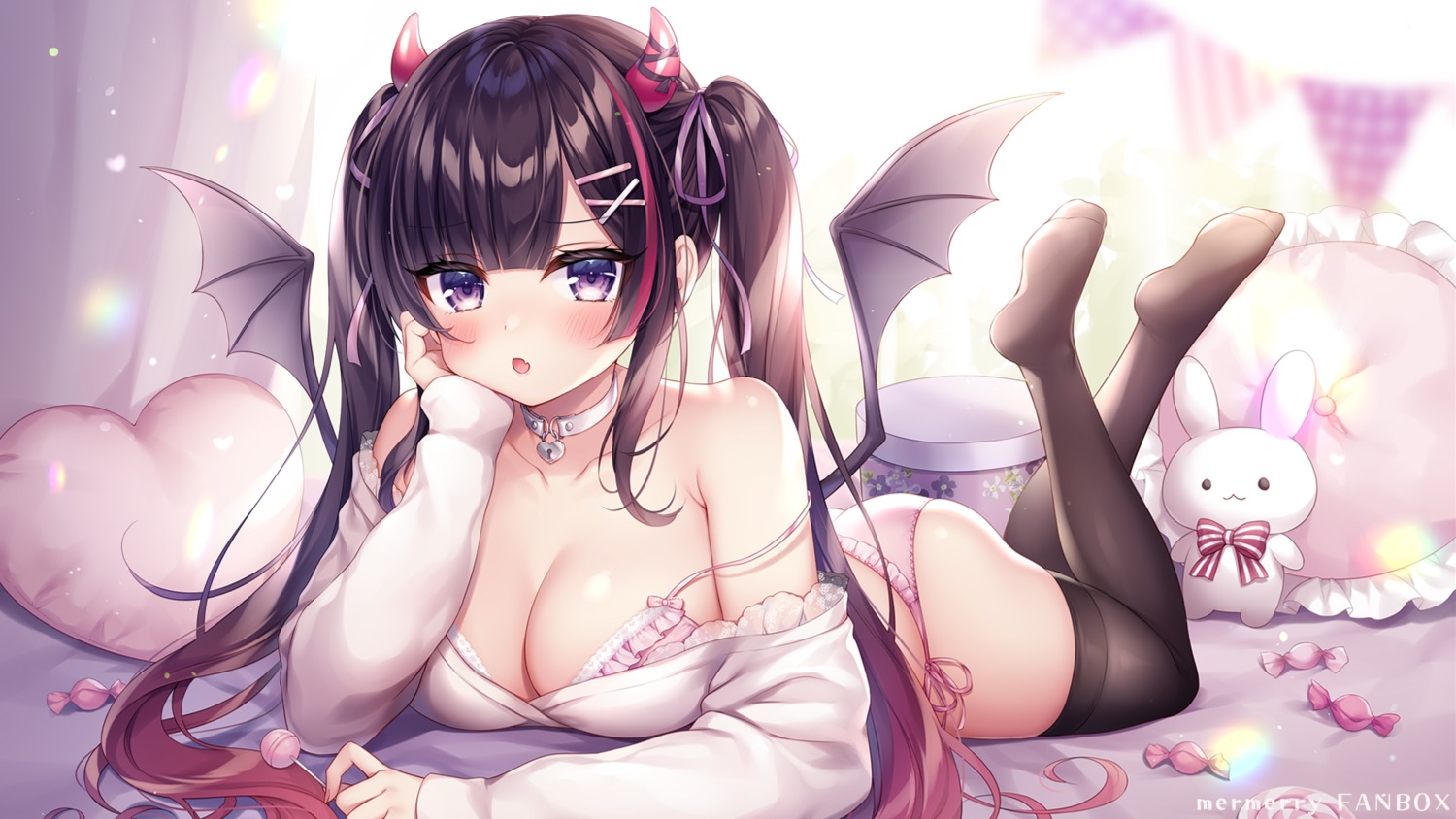 akuma-chan_(mitsuba_choco) bra feet horns mitsuba_choco open_shirt pantsu string_panties thighhighs wallpaper wings