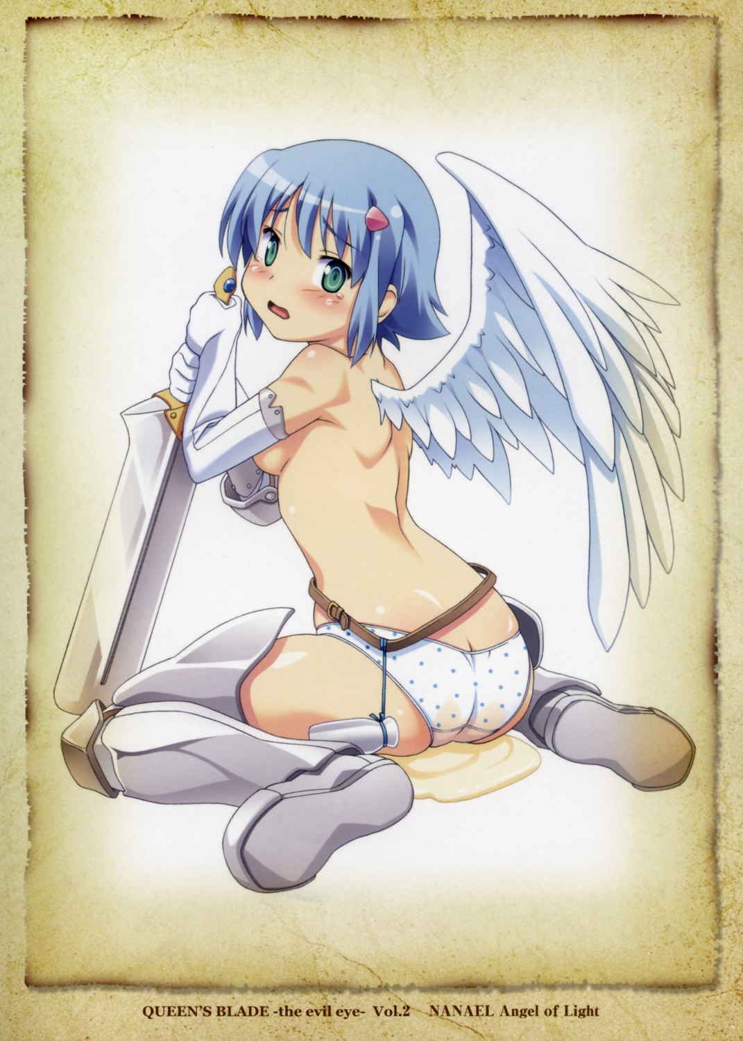 angel chibi nanael pantsu queen's_blade screening sword thighhighs topless wings