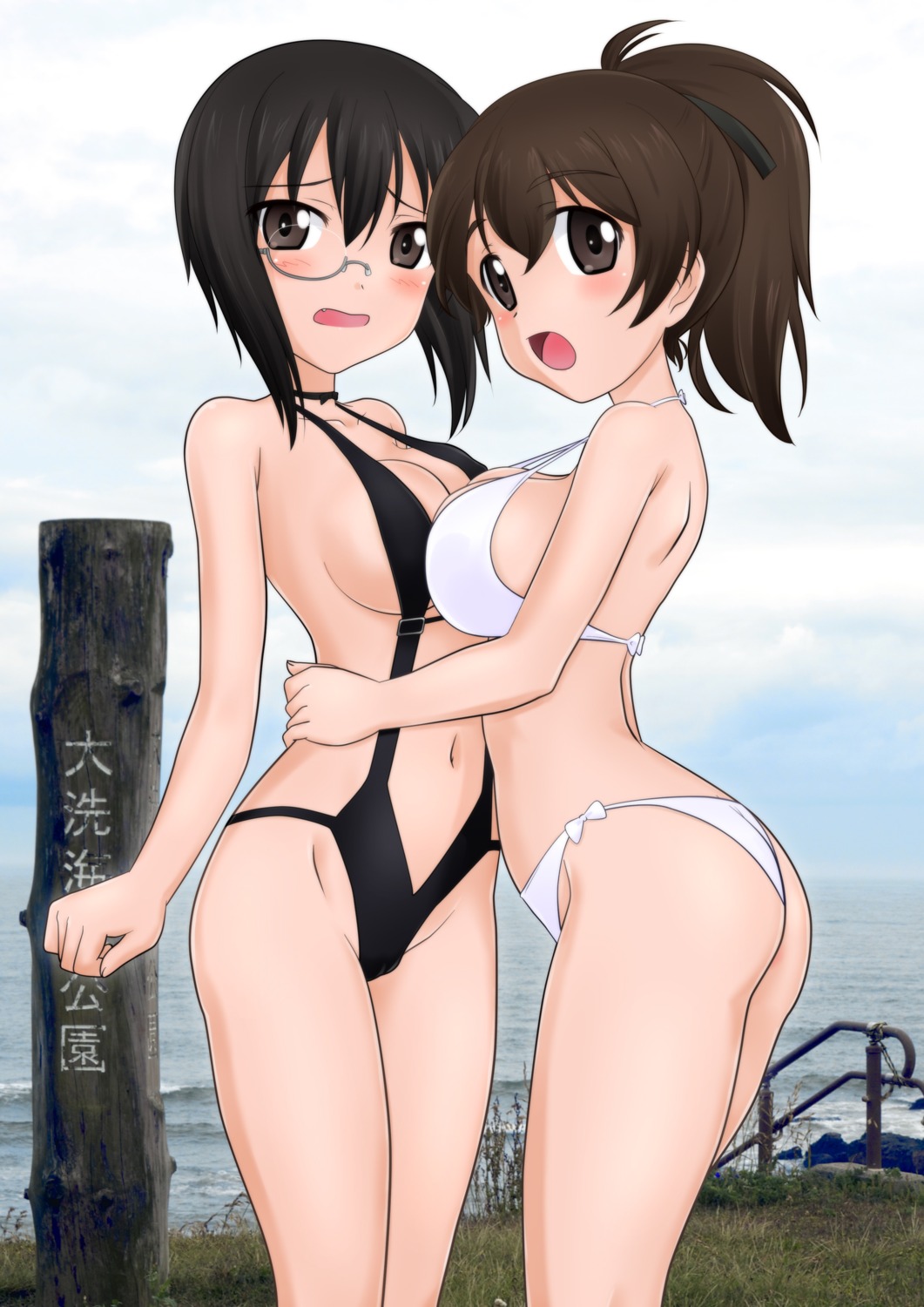 bikini cleavage girls_und_panzer kawashima_momo koyama_yuzu koyomisa megane sling_bikini swimsuits symmetrical_docking