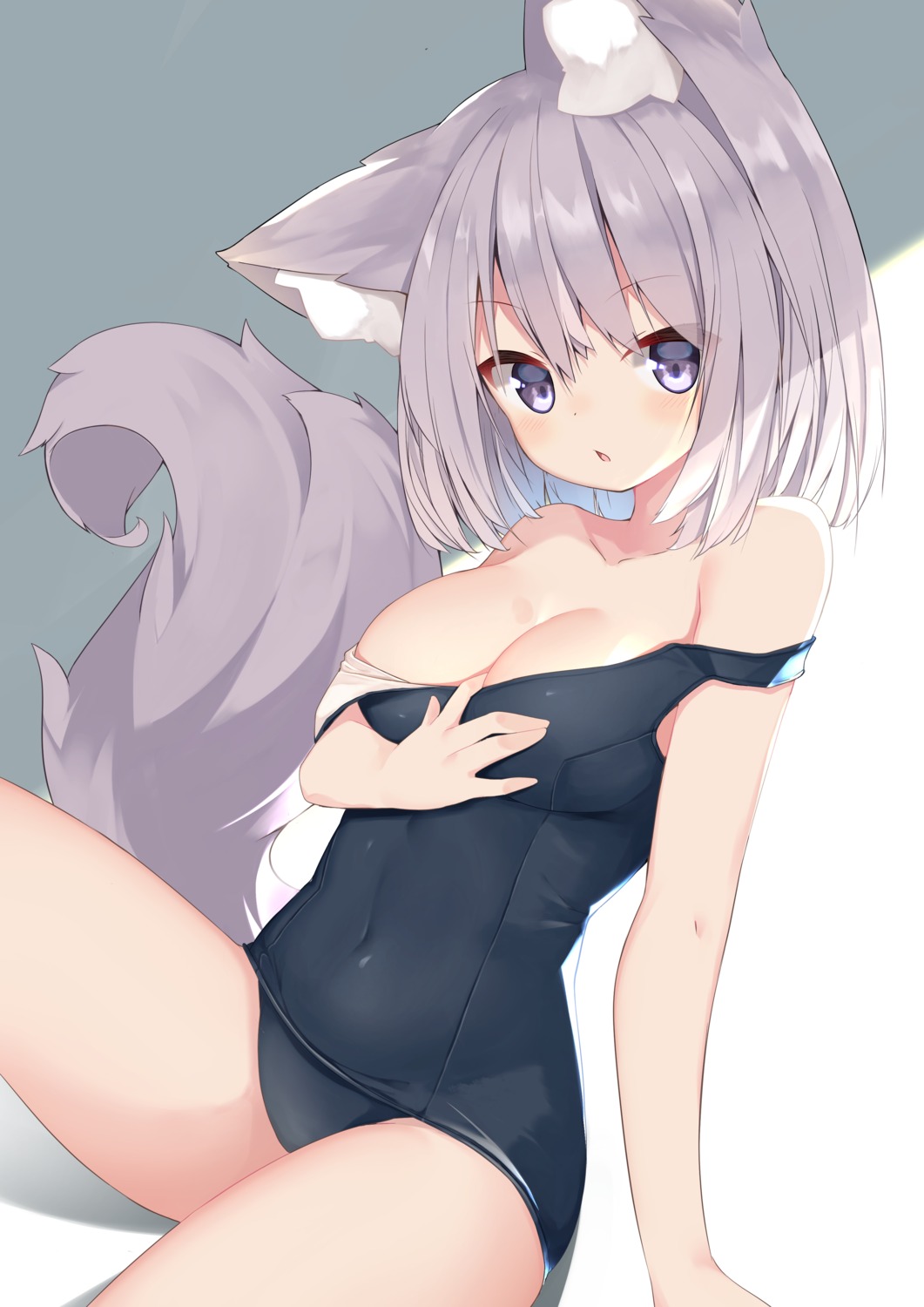 animal_ears breast_hold memekko school_swimsuit swimsuits tail wardrobe_malfunction