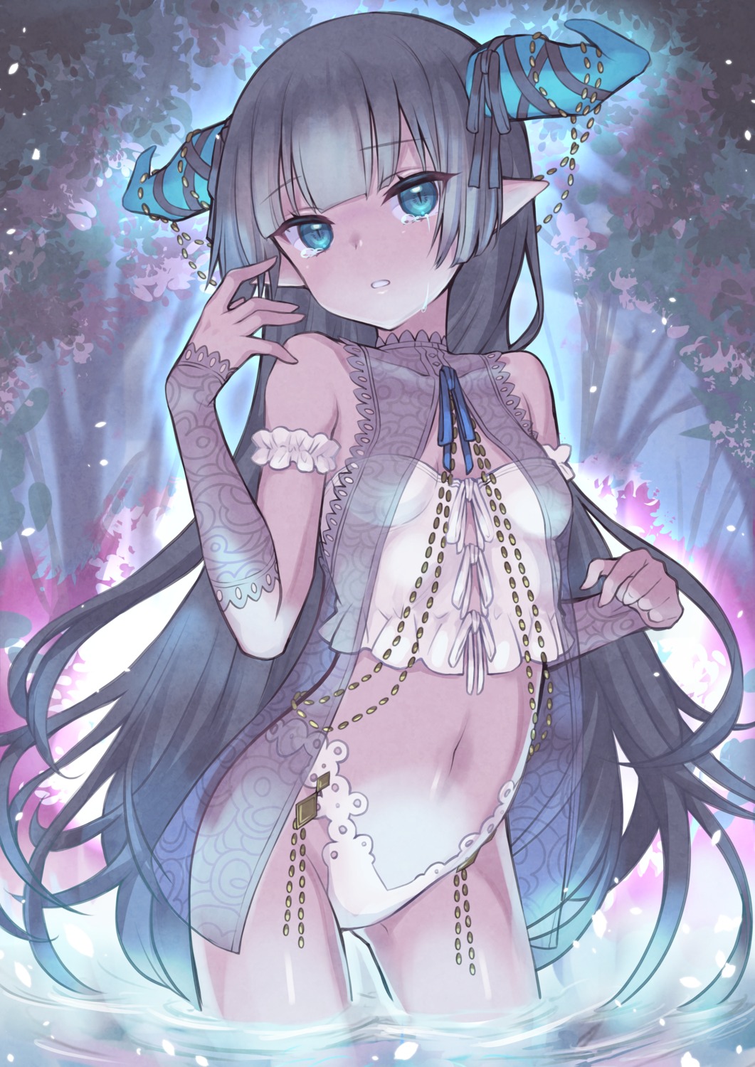 horns ka022k2 lingerie loli open_shirt pantsu pointy_ears see_through wet