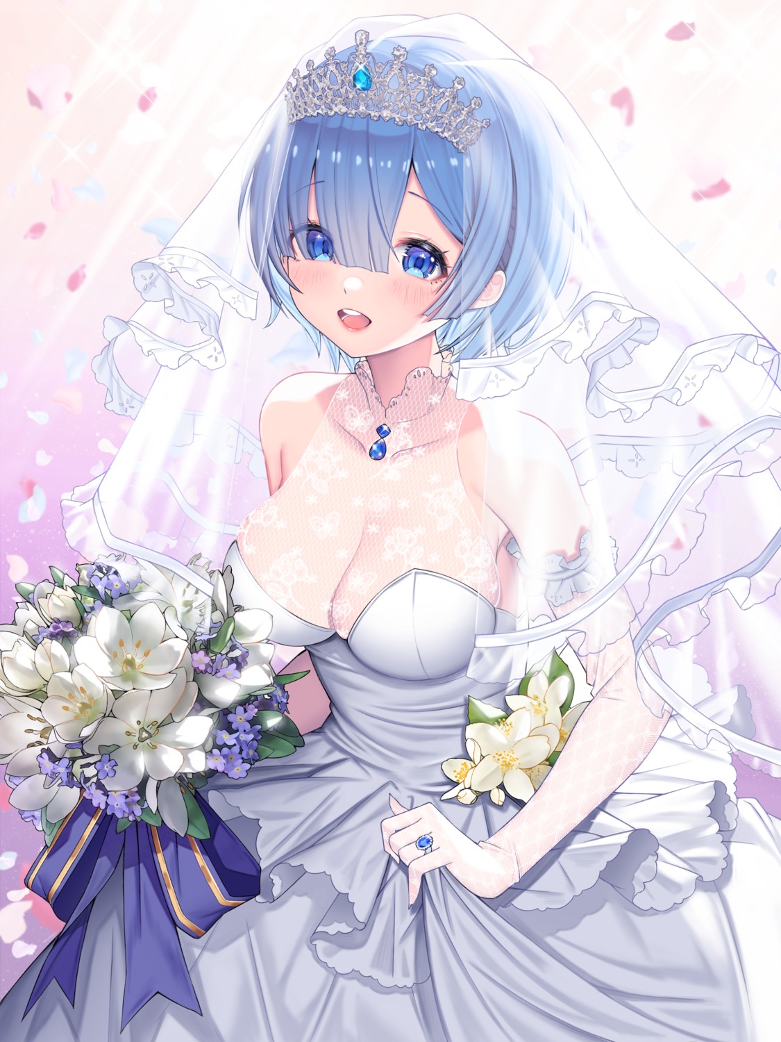 cleavage dress no_bra re_zero_kara_hajimeru_isekai_seikatsu rem_(re_zero) see_through wedding_dress yuri_(chocho_q)