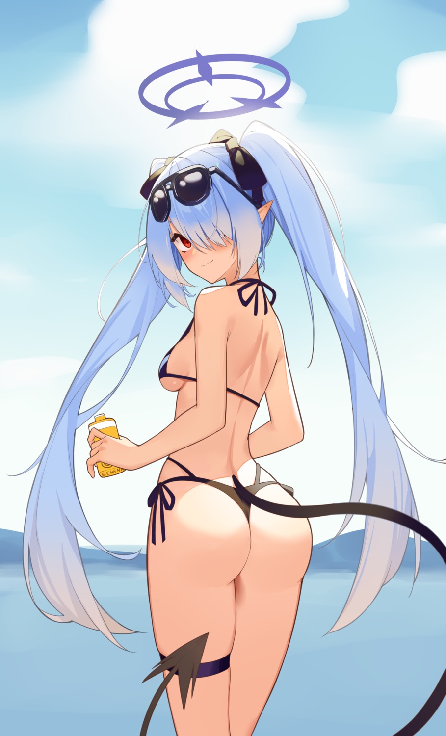 ass bikini blue_archive garter gk_guoke halo megane pointy_ears shiromi_iori swimsuits tail thong