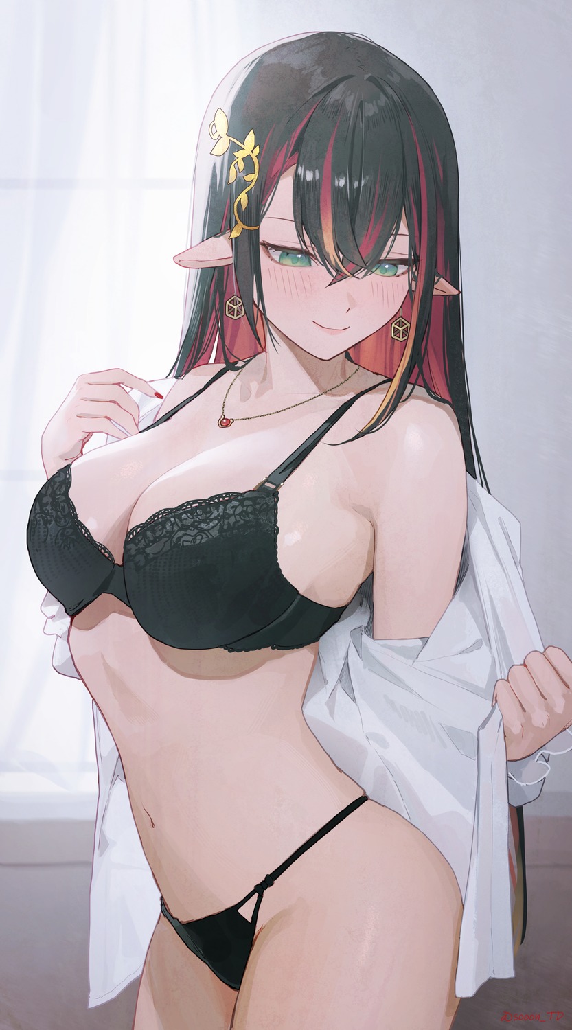 bra open_shirt pantsu pointy_ears sooon undressing