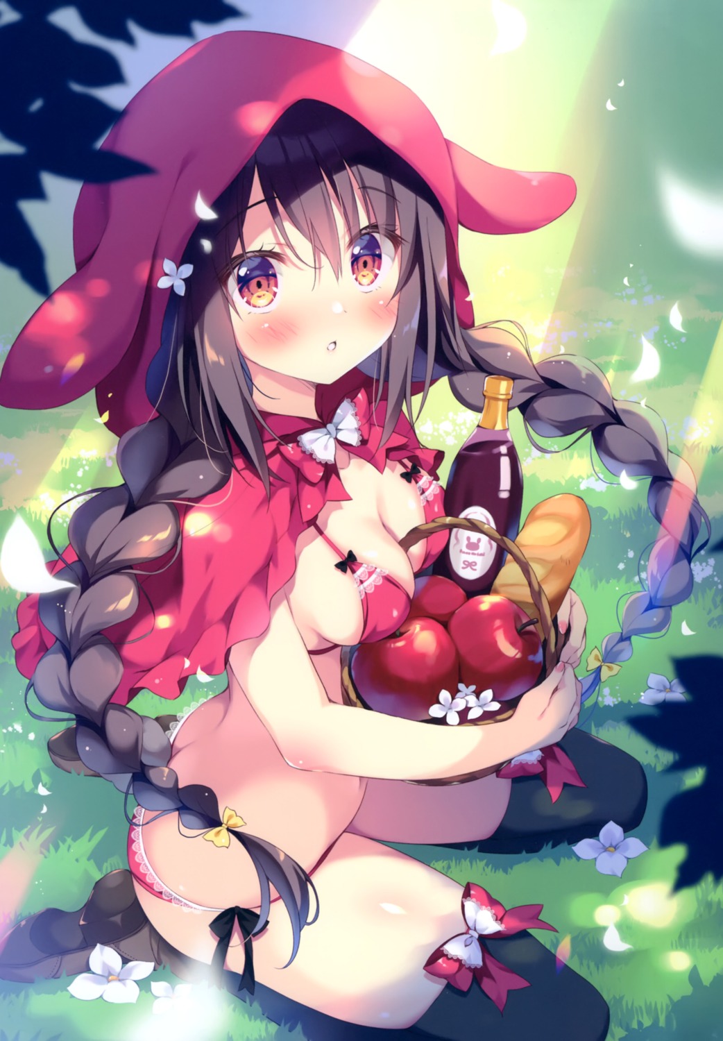 animal_ears bra breast_hold bunny_ears little_red_riding_hood_(character) pan pantsu string_panties thighhighs