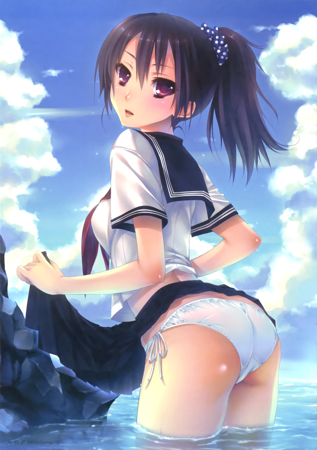 hinadamari katagiri_hinata pantsu seifuku skirt_lift string_panties wet_clothes