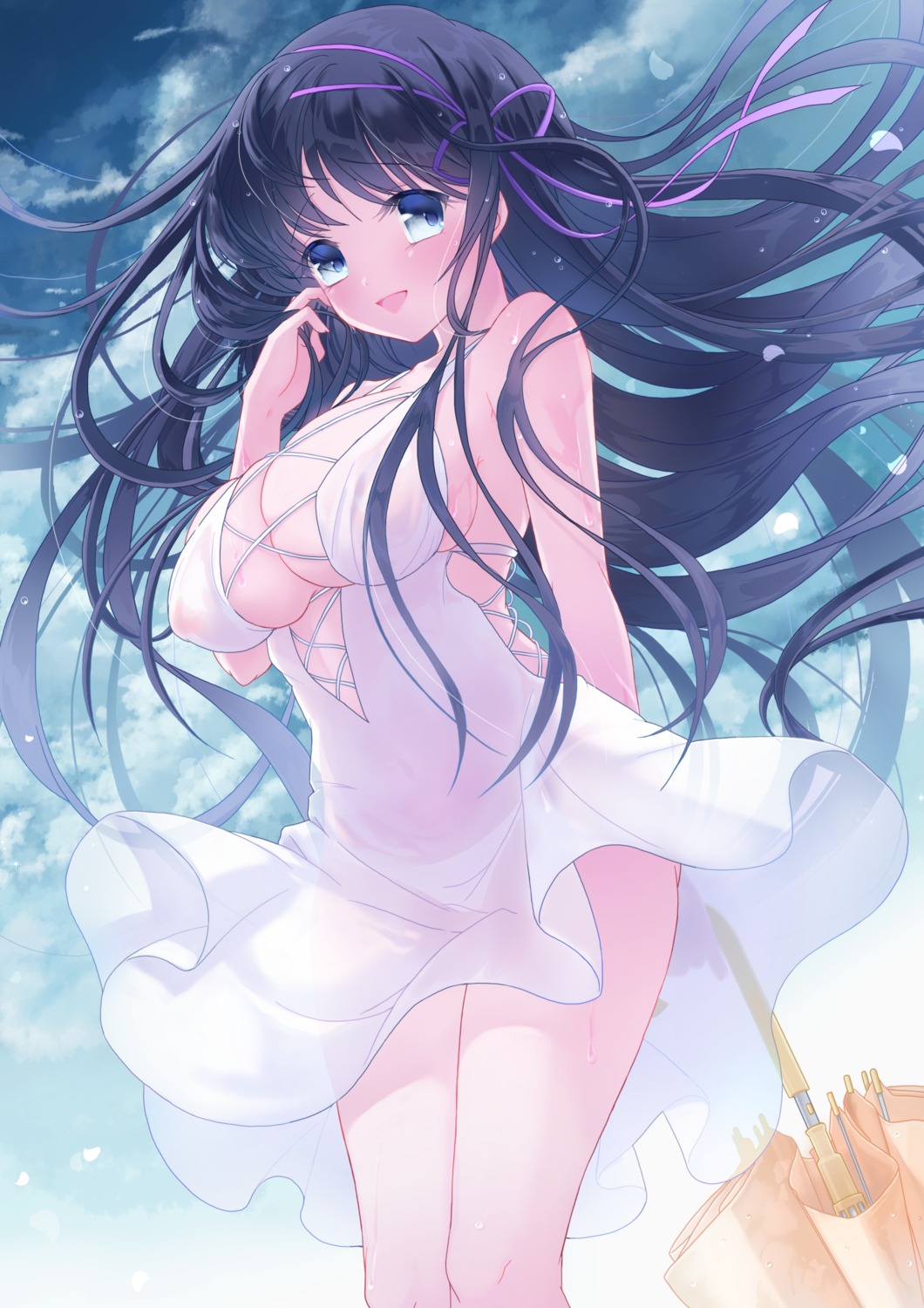 areola dress erect_nipples nipples no_bra pantsu sakuratsuki_(sakuradukiyoru) see_through skirt_lift summer_dress umbrella wet wet_clothes