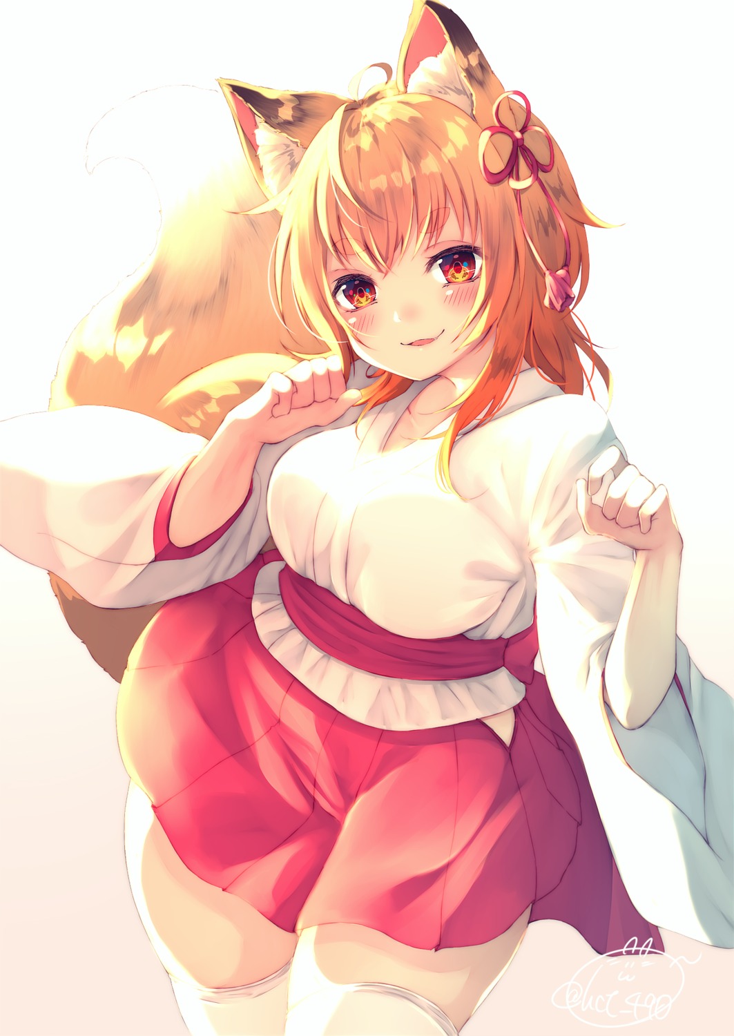 animal_ears chita_(ketchup) kitsune miko tail thighhighs