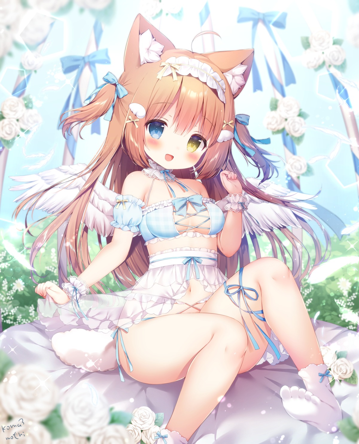 animal_ears feet heterochromia momozu_komamochi no_bra pantsu see_through skirt_lift string_panties tail wings