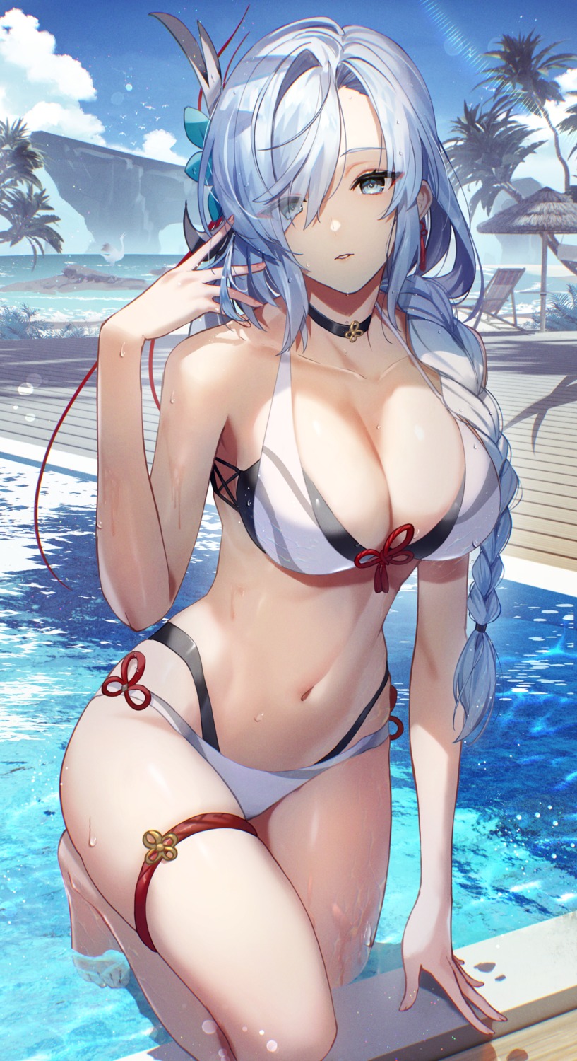 bikini garter genshin_impact scottie shenhe swimsuits wet