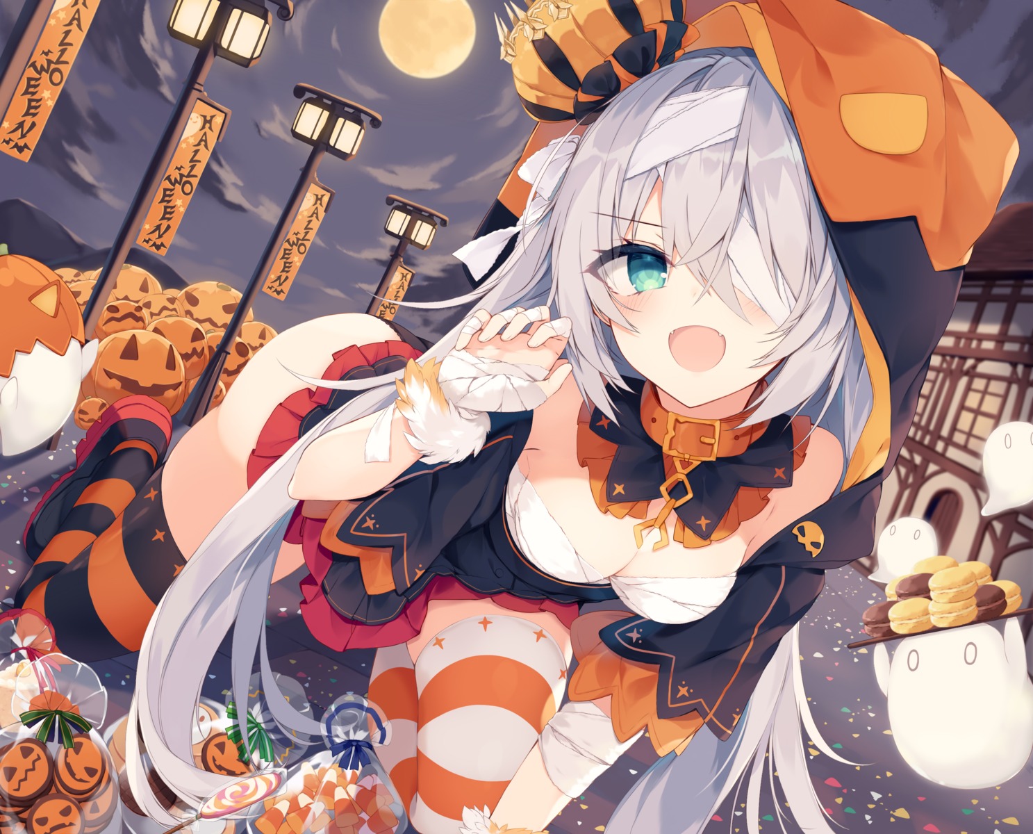 bandages dress halloween nibiiro_shizuka open_shirt pantsu sarashi skirt_lift thighhighs