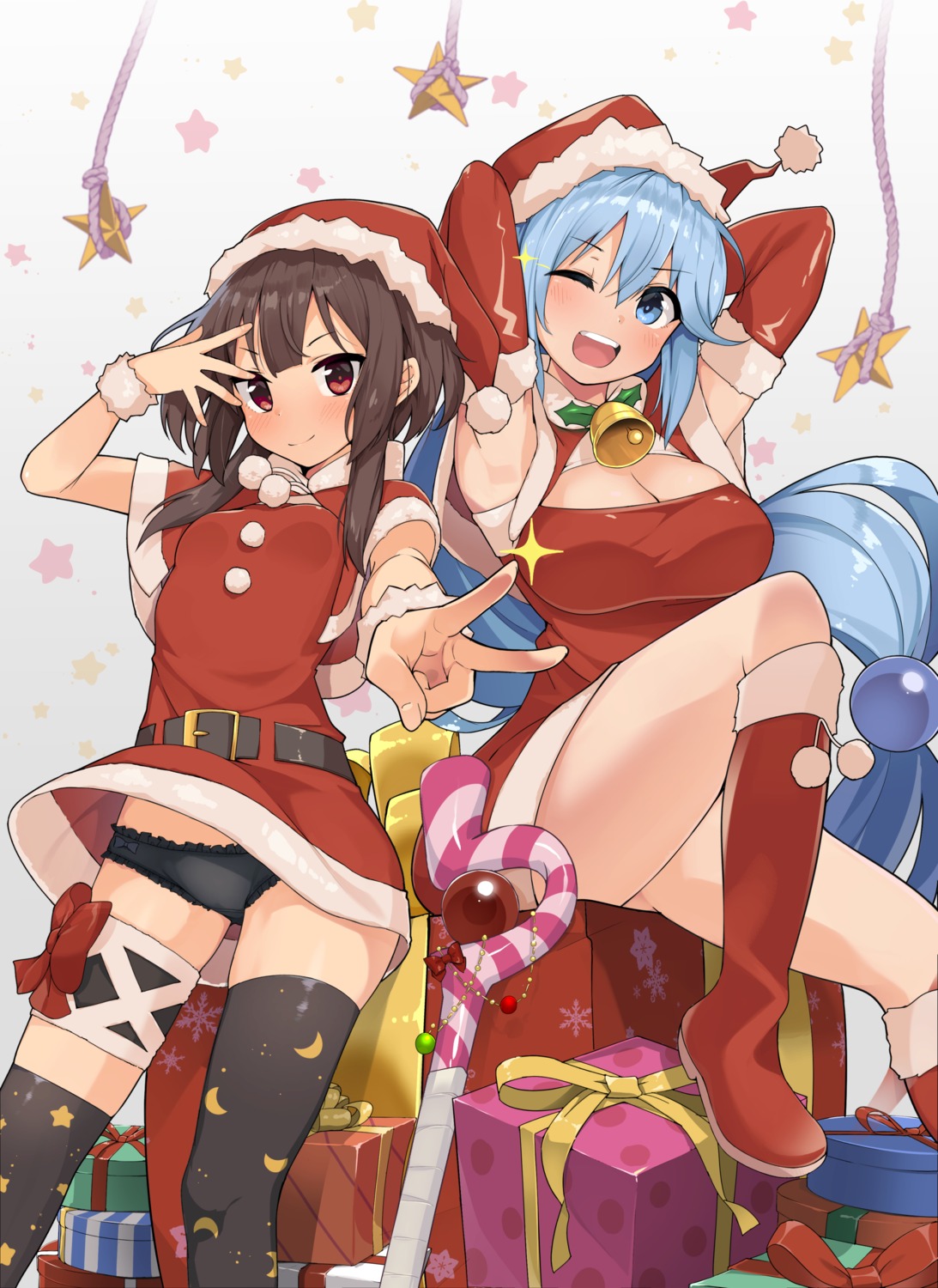 aqua_(kono_subarashii_sekai_ni_shukufuku_wo!) christmas cleavage dress garter jovejun kono_subarashii_sekai_ni_shukufuku_wo! megumin pantsu skirt_lift thighhighs