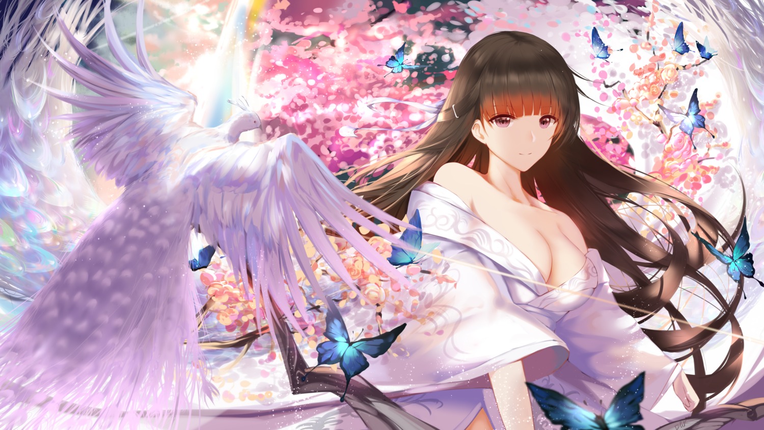 an_yasuri artist_revision cleavage japanese_clothes no_bra open_shirt wings